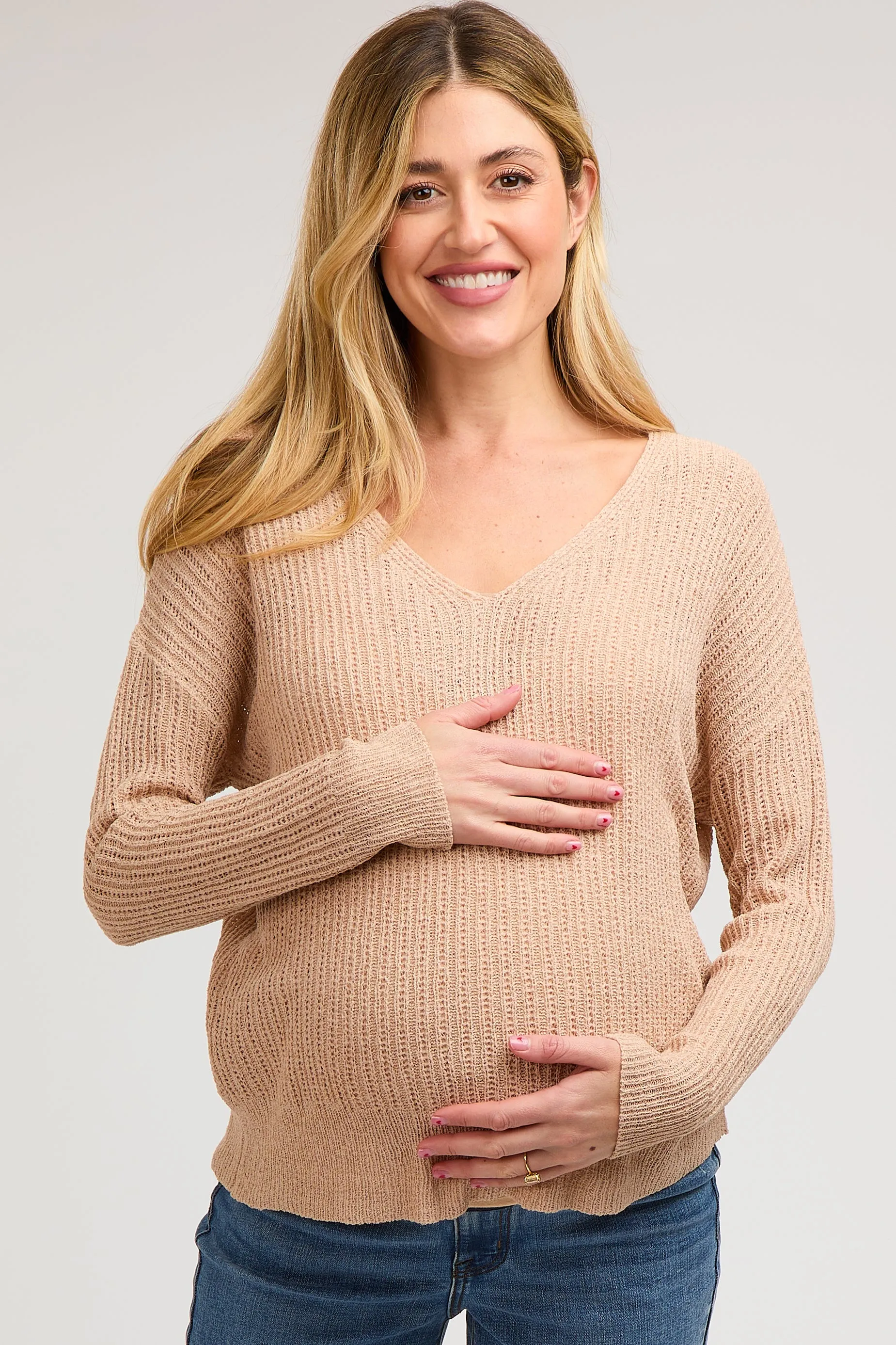 Beige Knit V-Neck Maternity Long Sleeve Top sold by Pinkblush product image thumbnail 2
