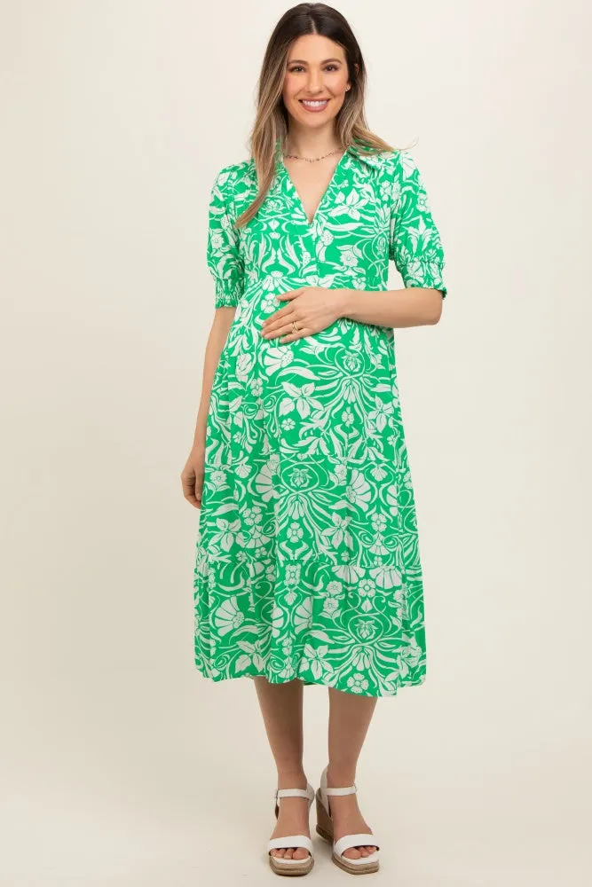 Green Floral V-Neck Tiered Maternity Midi Dress sold by Pinkblush