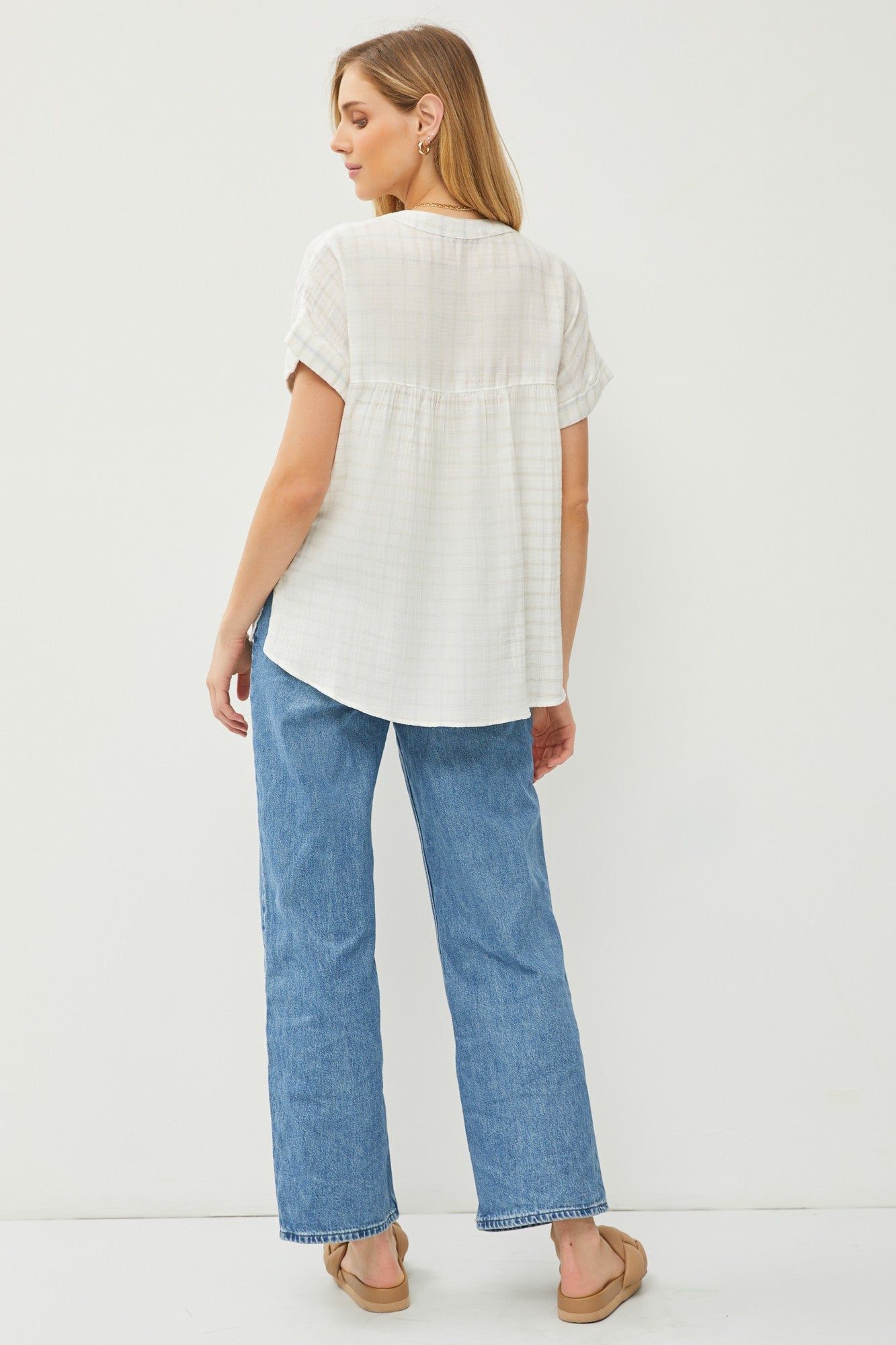 Ivory Plaid Cotton Gauze Short Sleeve V-Neck Shirt Top sold by Pinkblush product image thumbnail 4