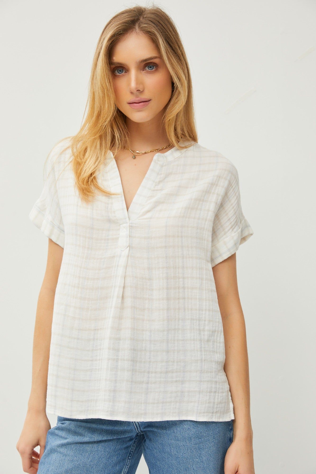 Ivory Plaid Cotton Gauze Short Sleeve V-Neck Shirt Top sold by Pinkblush