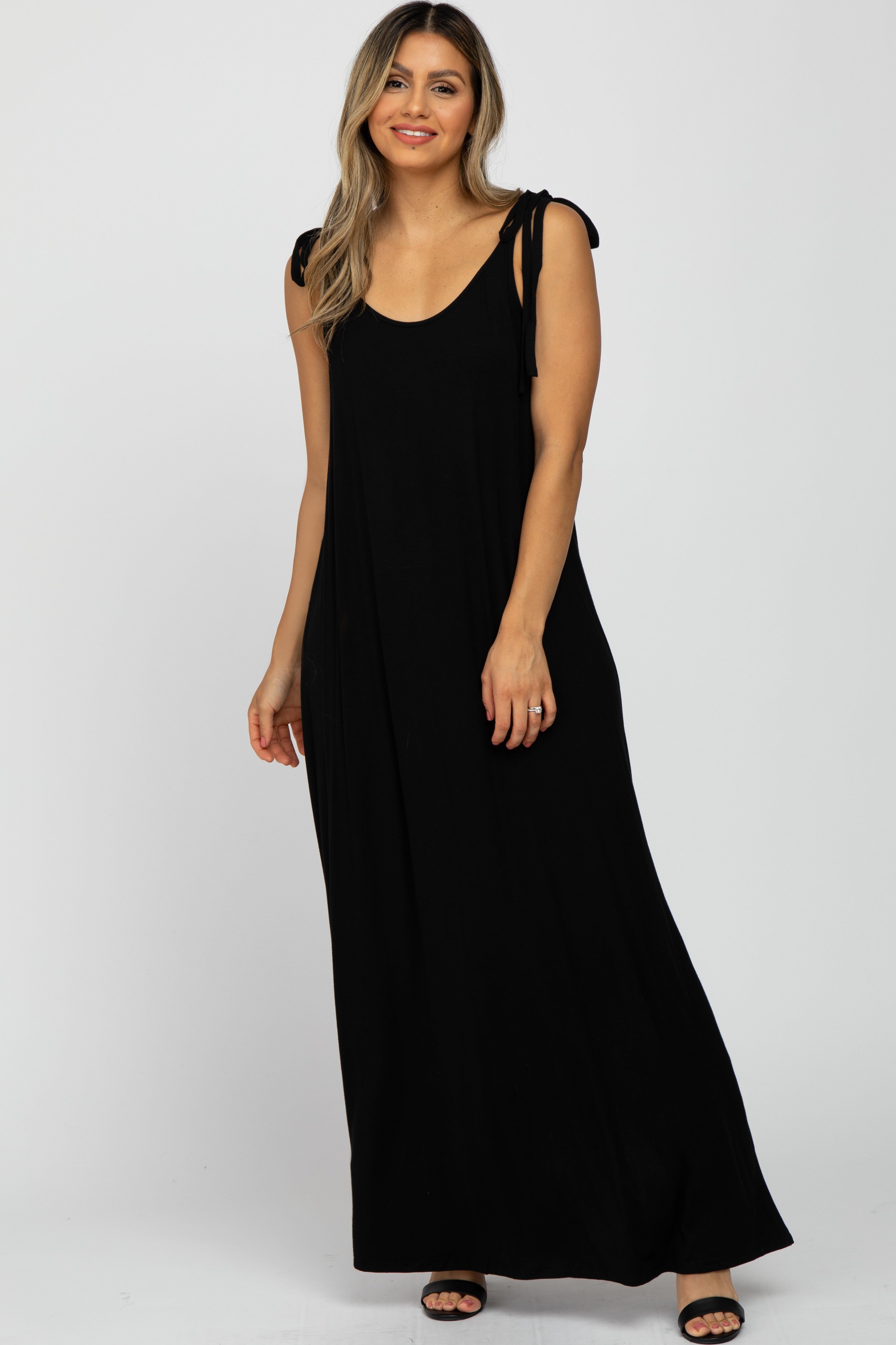 Black Tie Strap Side Slit Maxi Dress sold by Pinkblush