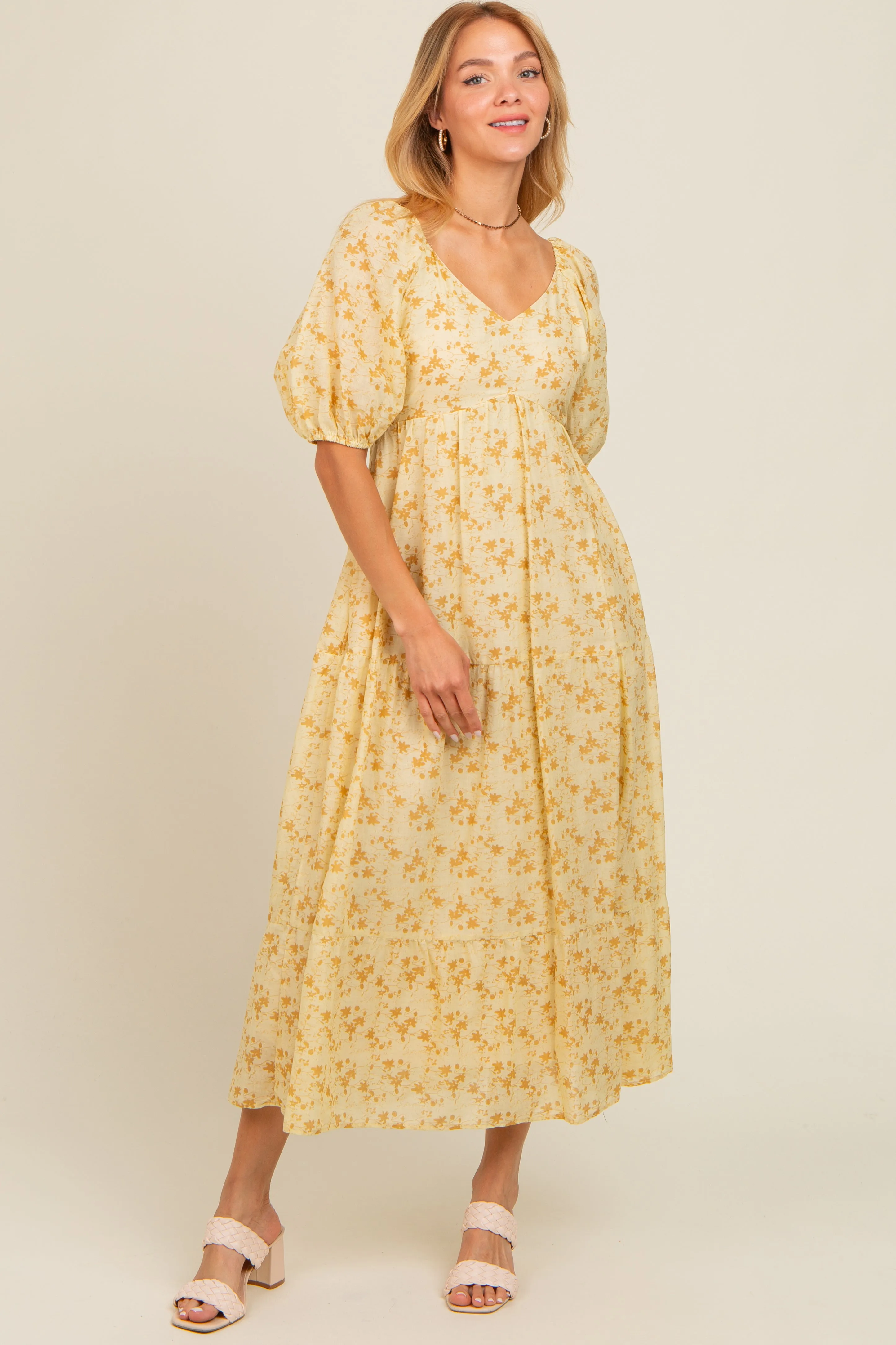 Yellow Floral V-Neck Tiered Midi Dress sold by Pinkblush