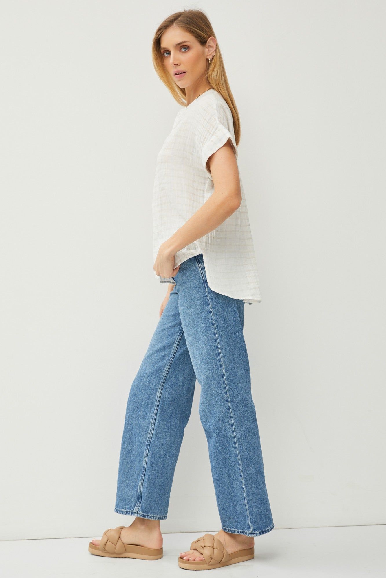 Ivory Plaid Cotton Gauze Short Sleeve V-Neck Shirt Top sold by Pinkblush product image thumbnail 3