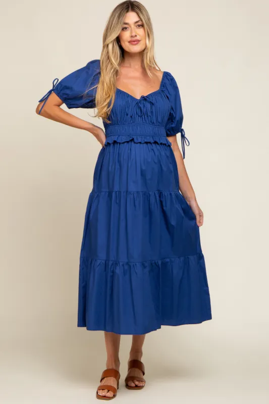 Navy Shirred Front Tie Short Sleeve Tiered Maternity Midi Dress sold by Pinkblush