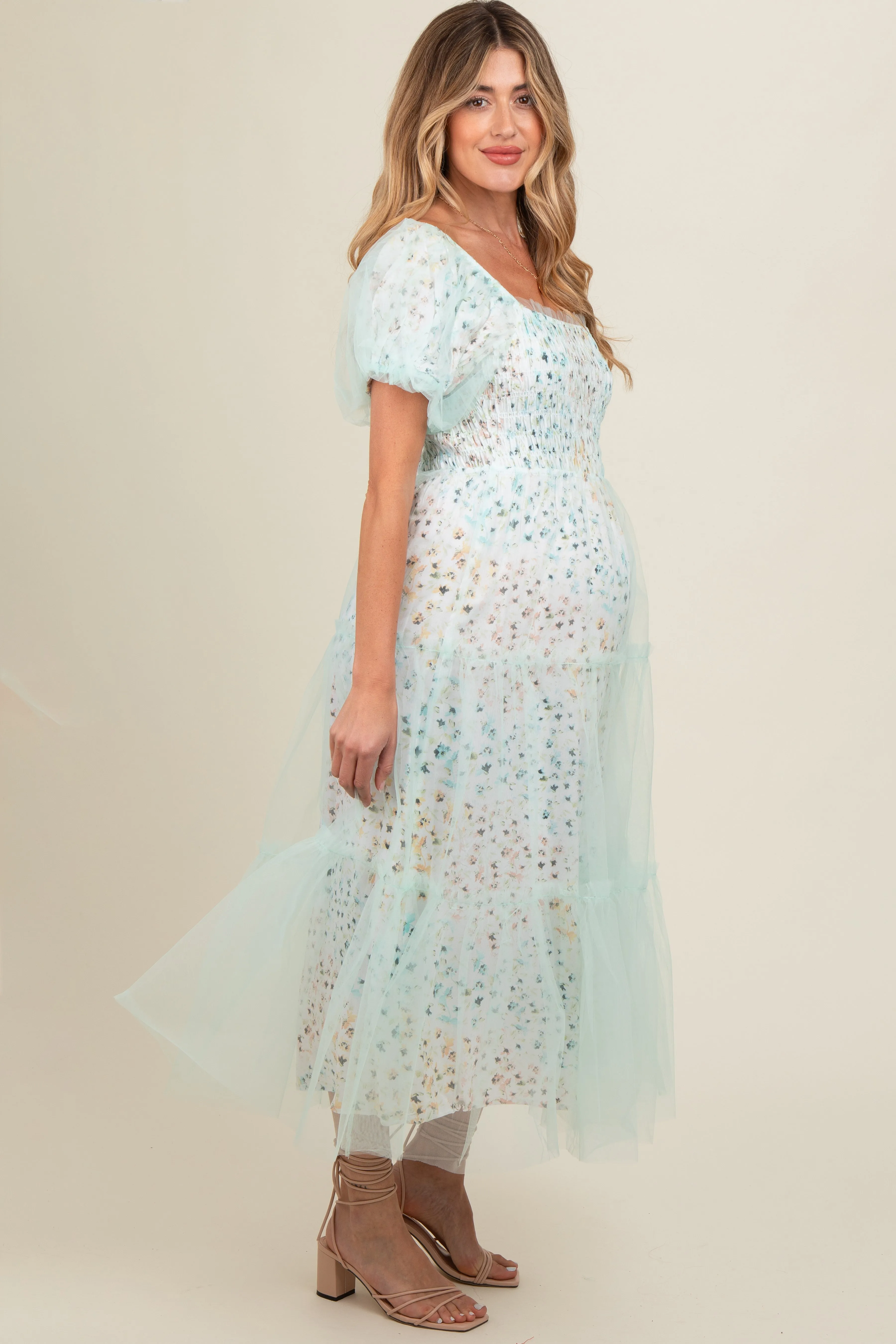 Mint Green Floral Lined Smocked Tulle Maternity Midi Dress sold by Pinkblush product image thumbnail 3