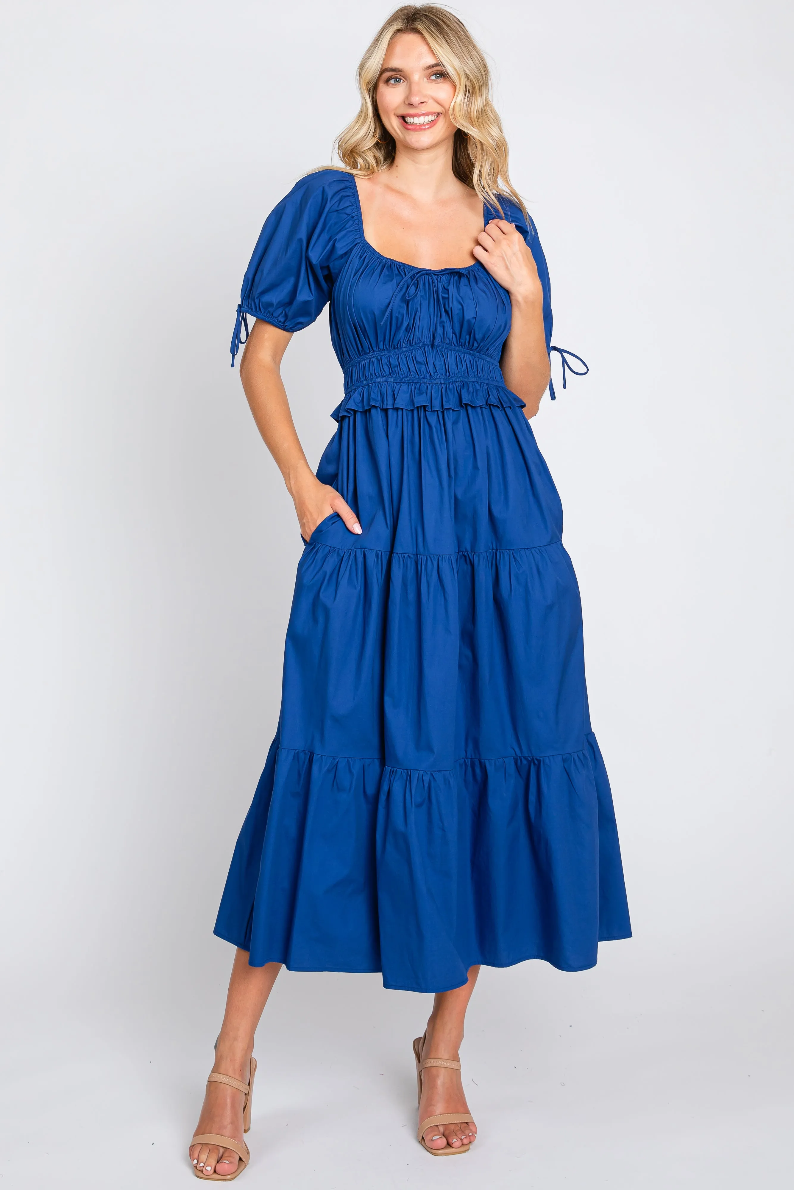 Navy Shirred Front Tie Short Sleeve Tiered Maternity Midi Dress sold by Pinkblush product image thumbnail 5