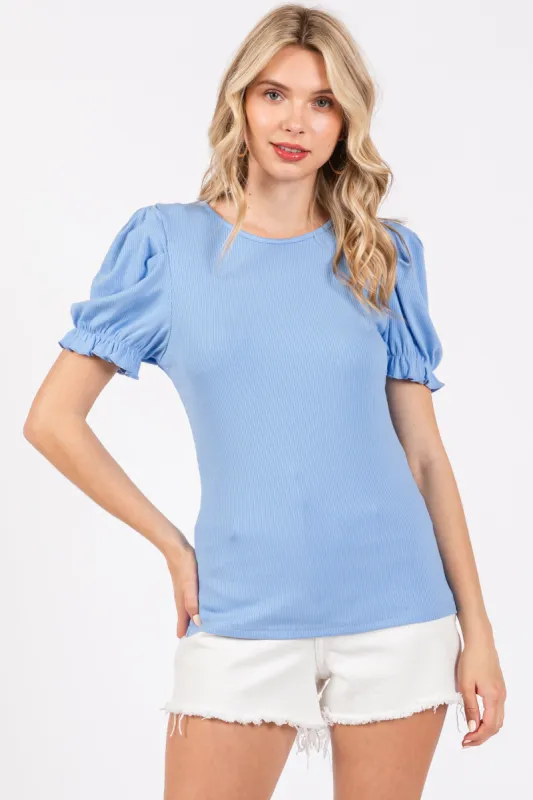 Blue Ribbed Puff Sleeve Top sold by Pinkblush