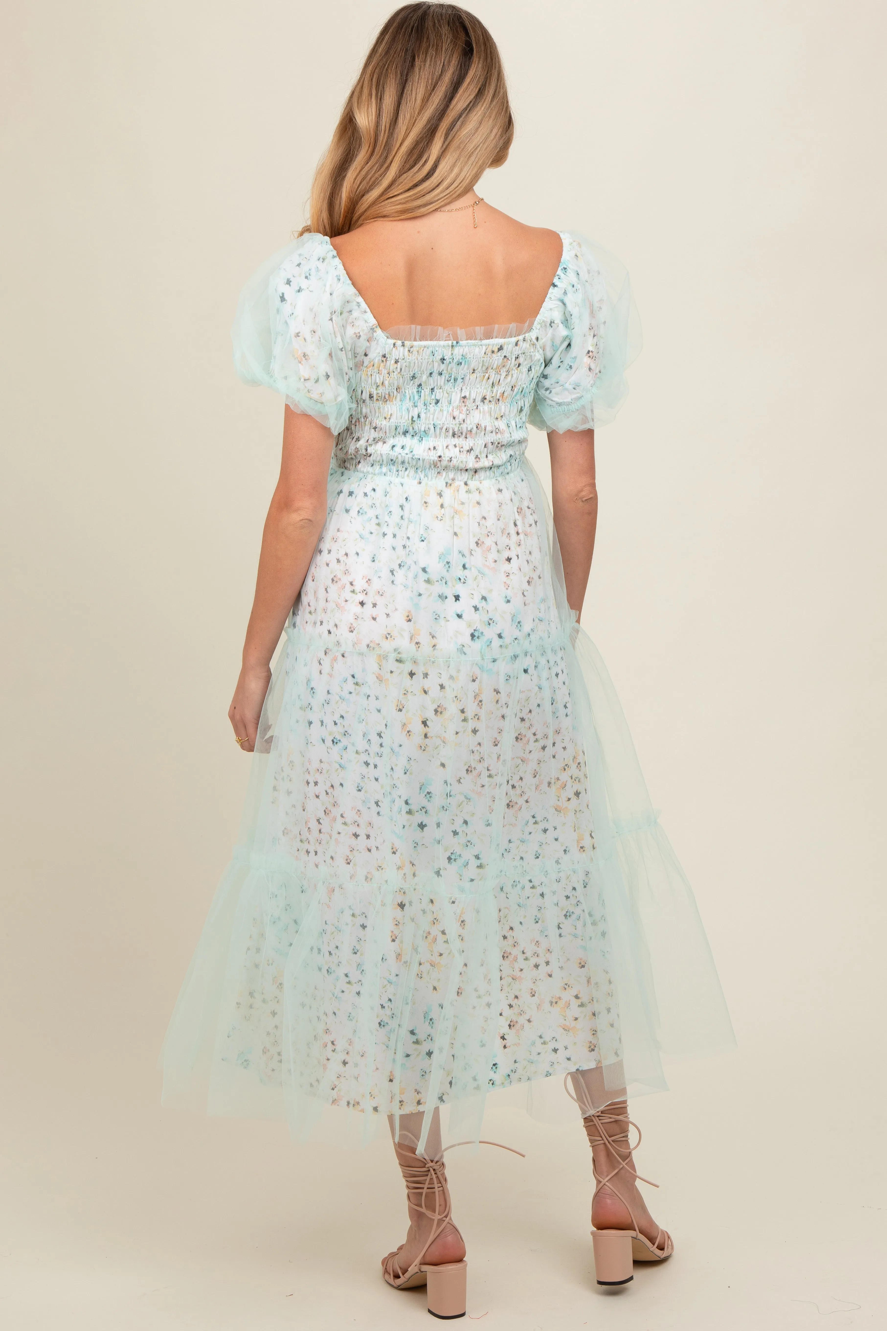 Mint Green Floral Lined Smocked Tulle Maternity Midi Dress sold by Pinkblush product image thumbnail 4