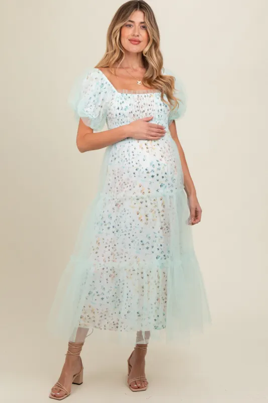 Mint Green Floral Lined Smocked Tulle Maternity Midi Dress sold by Pinkblush