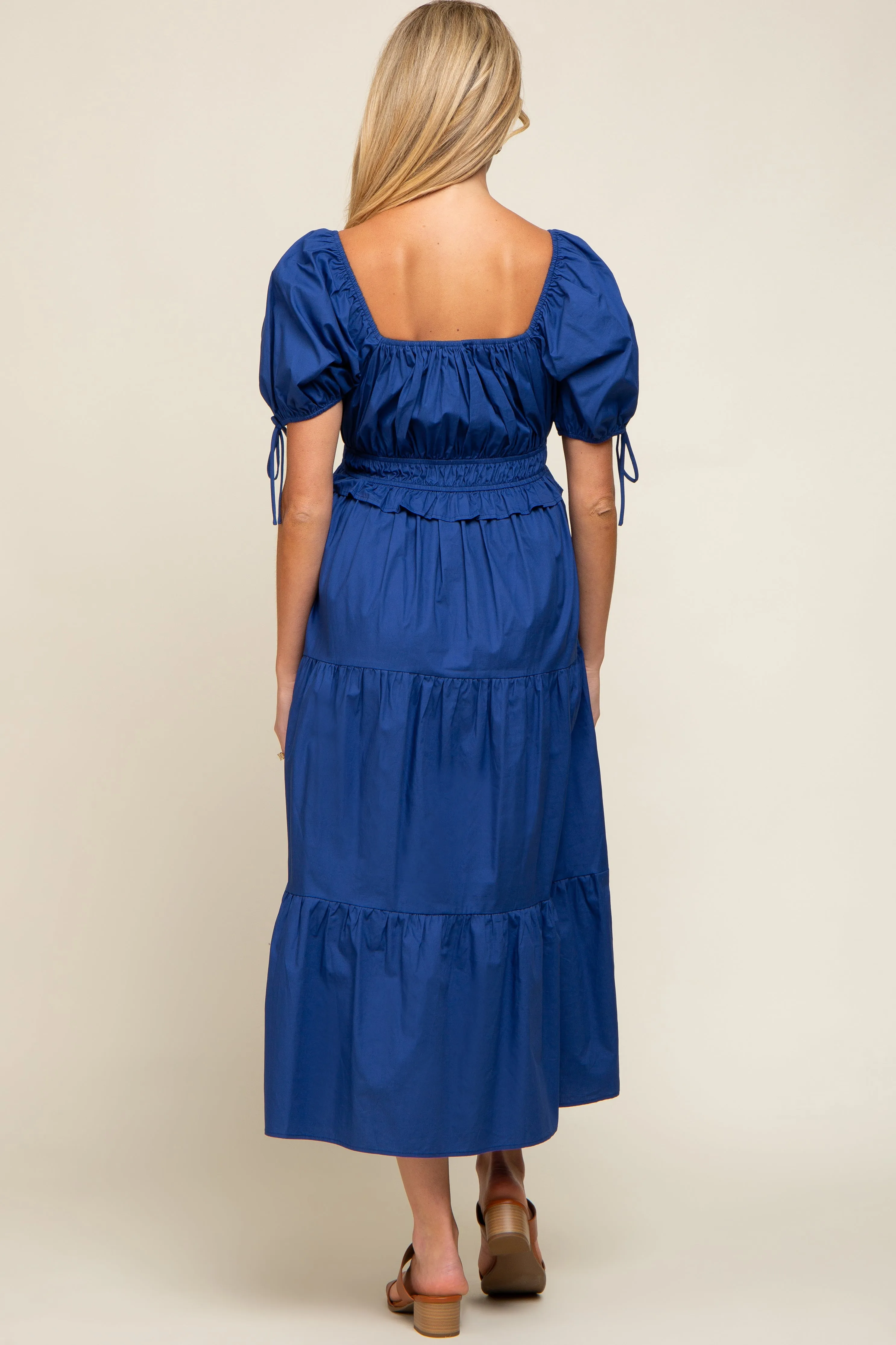 Navy Shirred Front Tie Short Sleeve Tiered Maternity Midi Dress sold by Pinkblush product image thumbnail 3