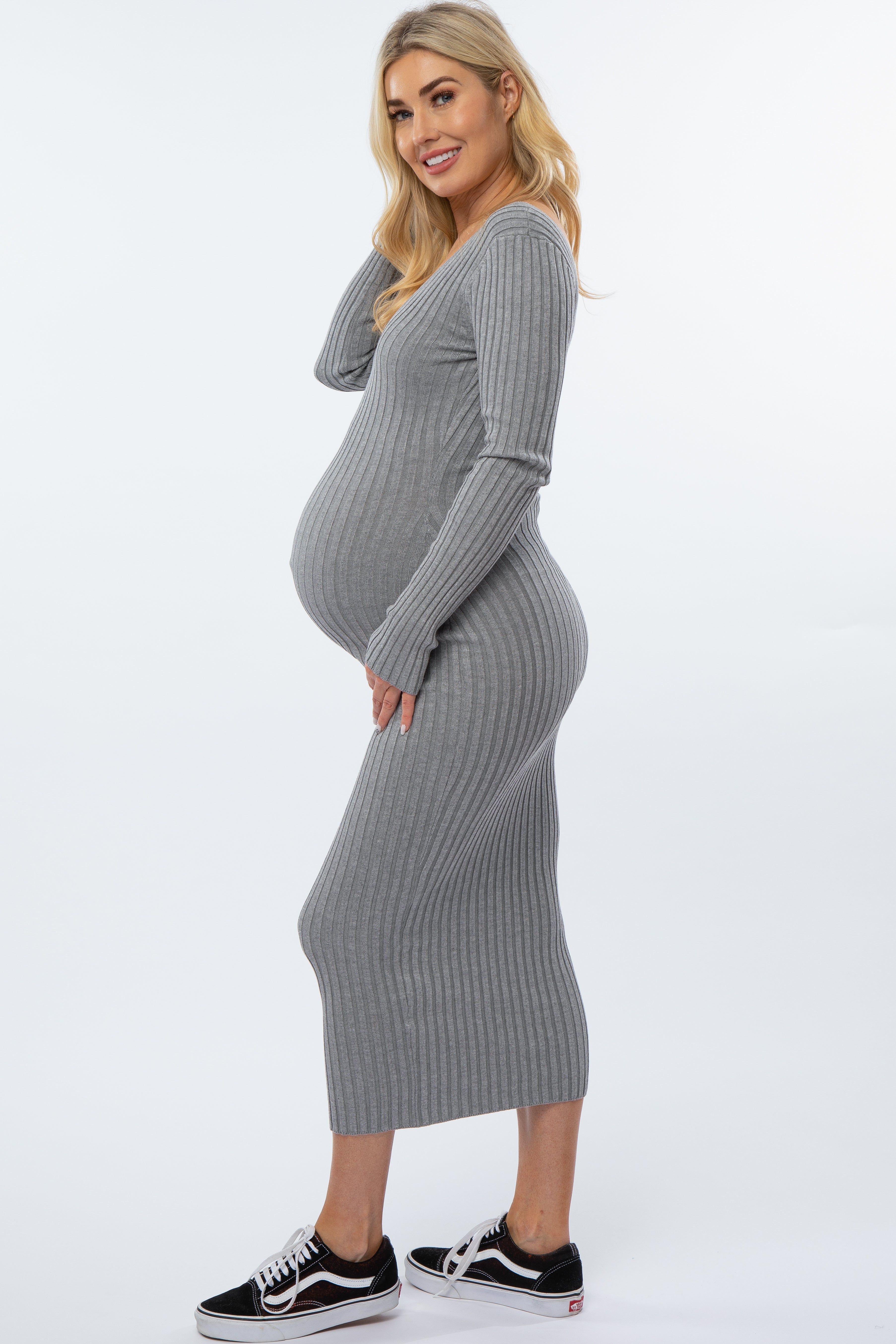 Heather Grey V-Neck Long Sleeve Fitted Maternity Maxi Dress sold by Pinkblush product image thumbnail 2