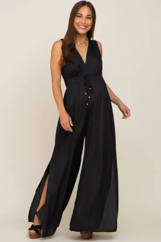 Black Satin V-Neck Side Slit Maternity Jumpsuit sold by Pinkblush