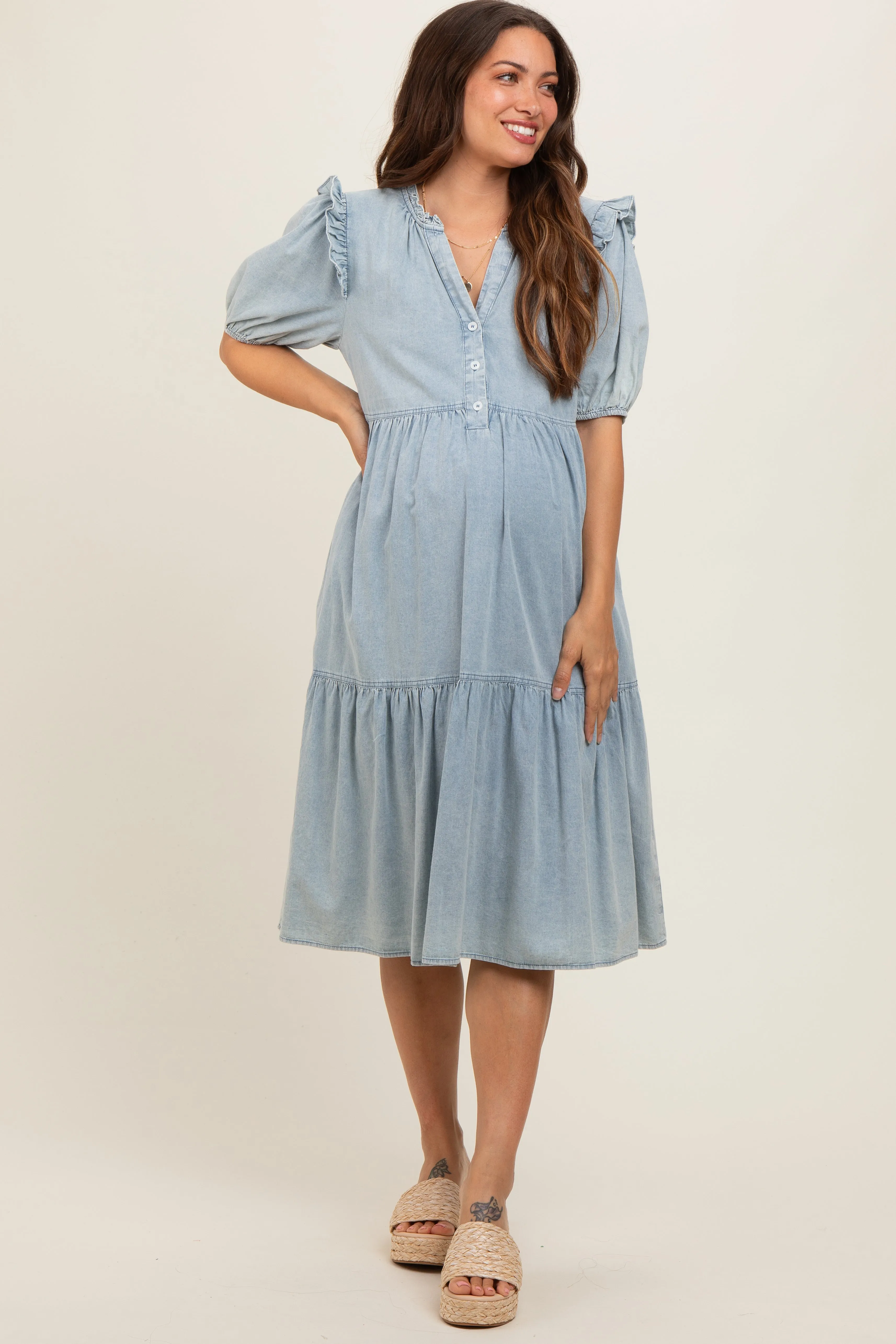 Blue Denim Button Front Short Sleeve Tiered Maternity Midi Dress sold by Pinkblush