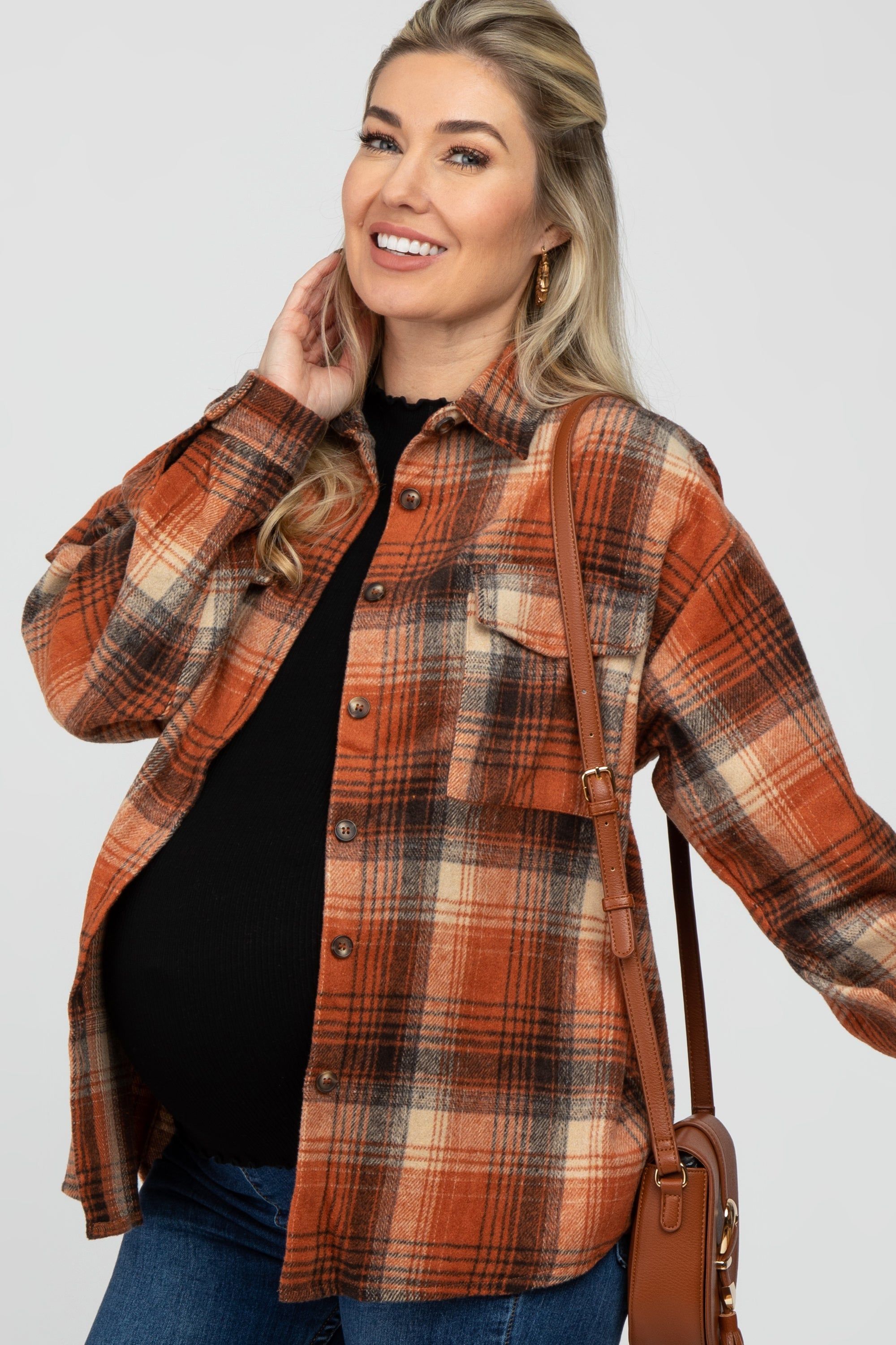 Rust Plaid Maternity Shacket sold by Pinkblush product image thumbnail 3