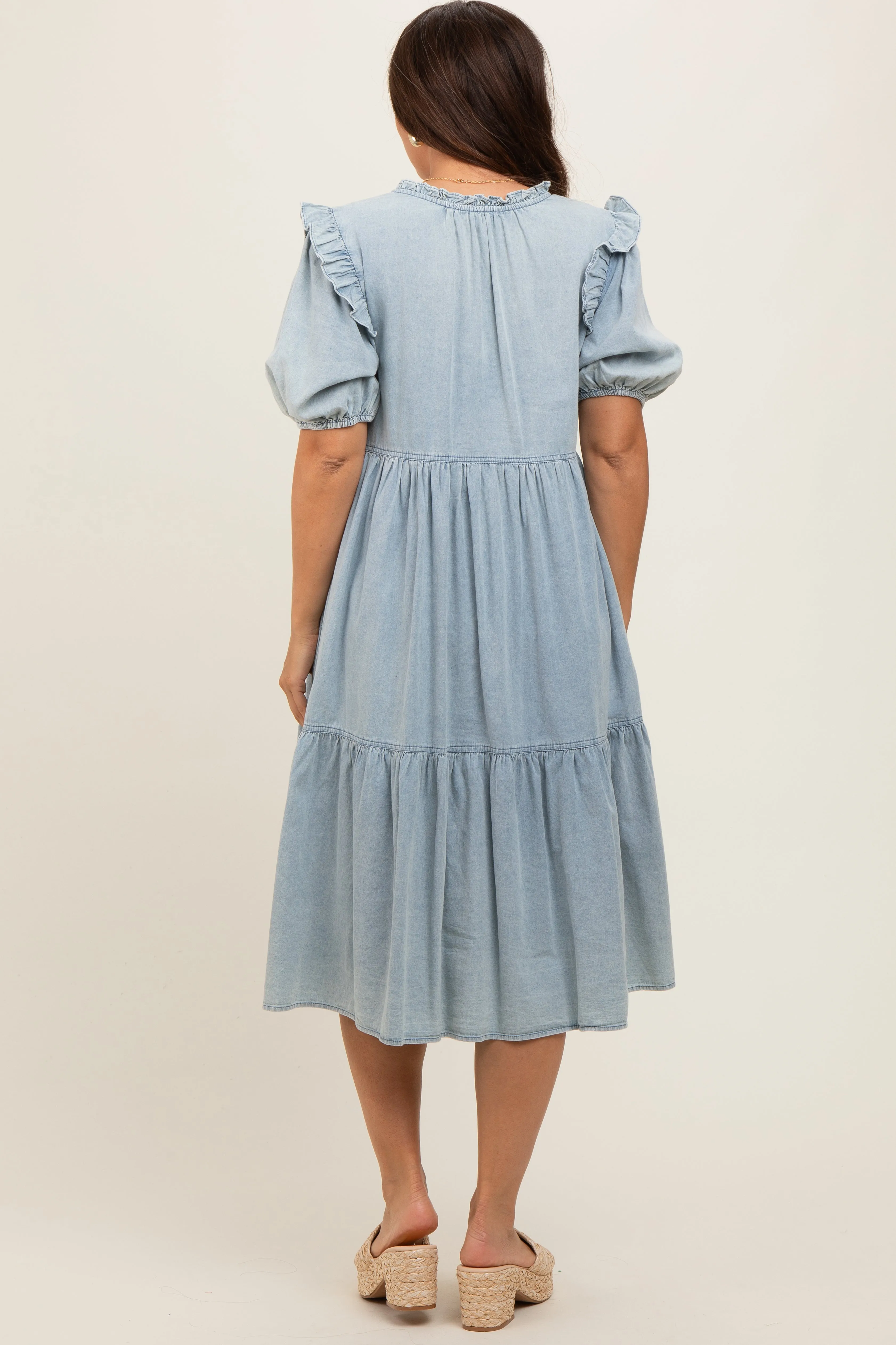 Blue Denim Button Front Short Sleeve Tiered Maternity Midi Dress sold by Pinkblush product image thumbnail 2