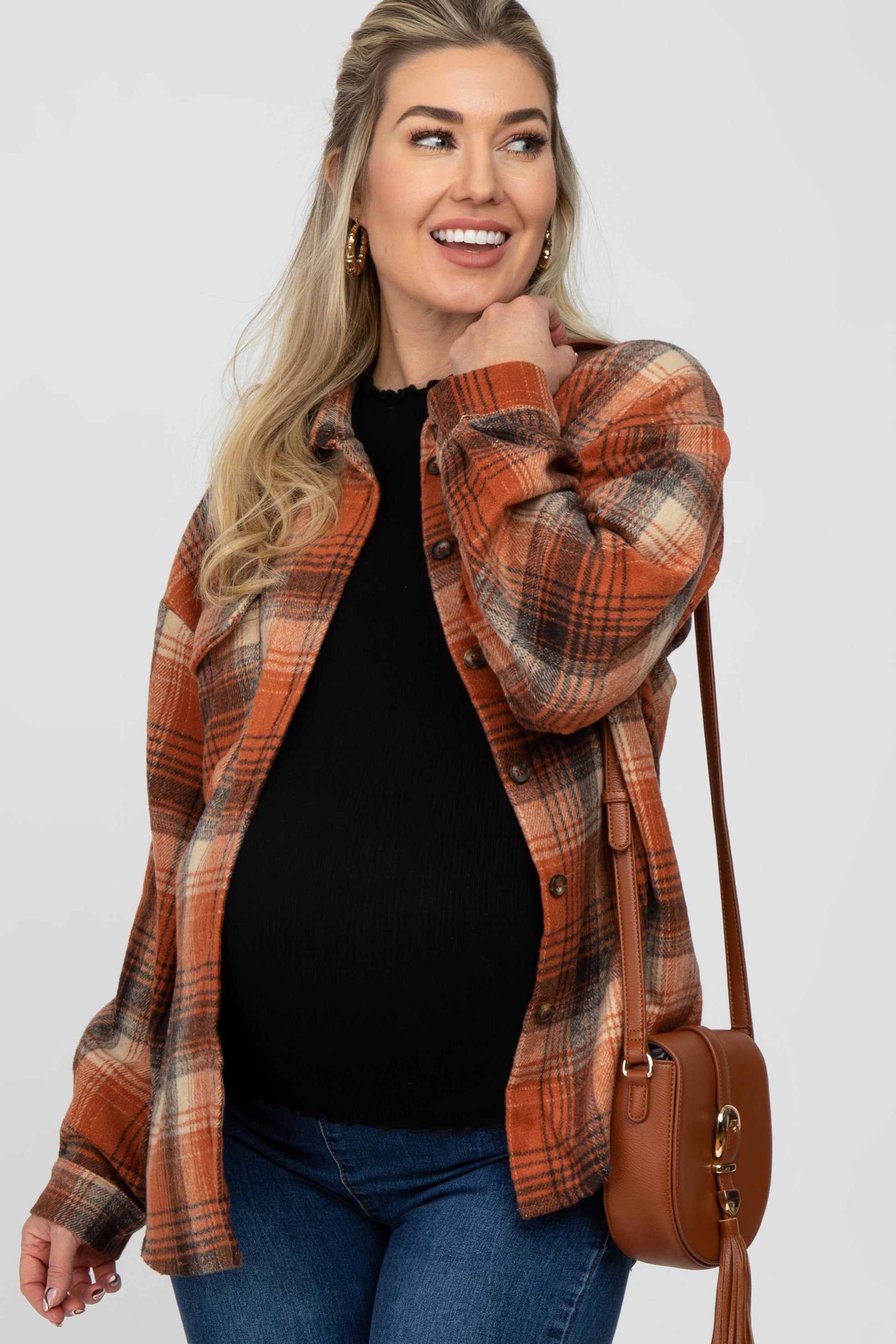 Rust Plaid Maternity Shacket sold by Pinkblush
