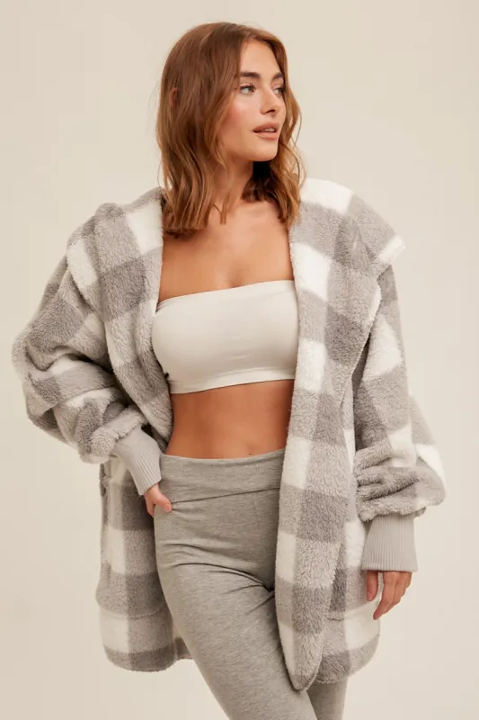 Grey Plaid Hooded Cardigan sold by Pinkblush