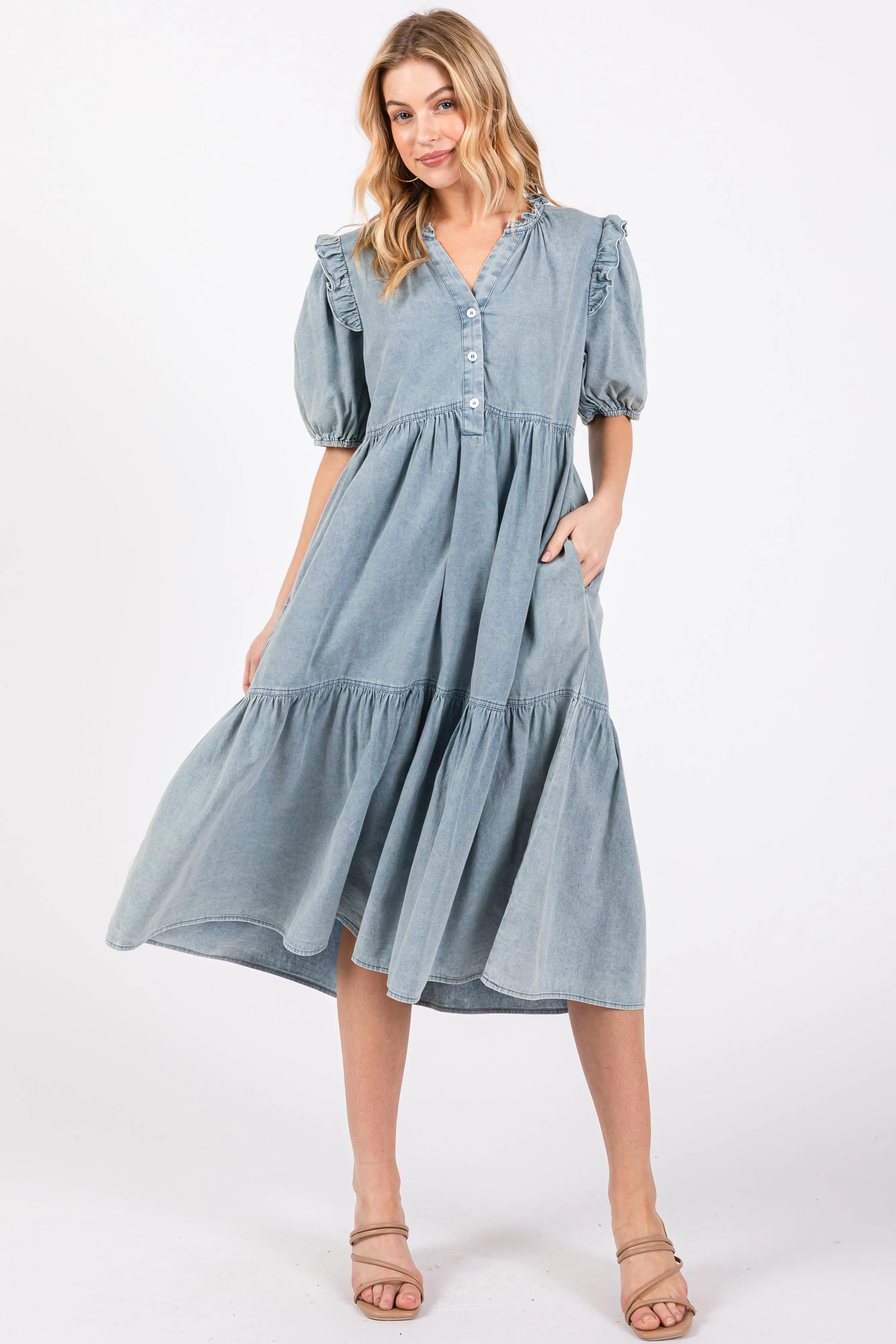 Blue Denim Button Front Short Sleeve Tiered Maternity Midi Dress sold by Pinkblush product image thumbnail 3