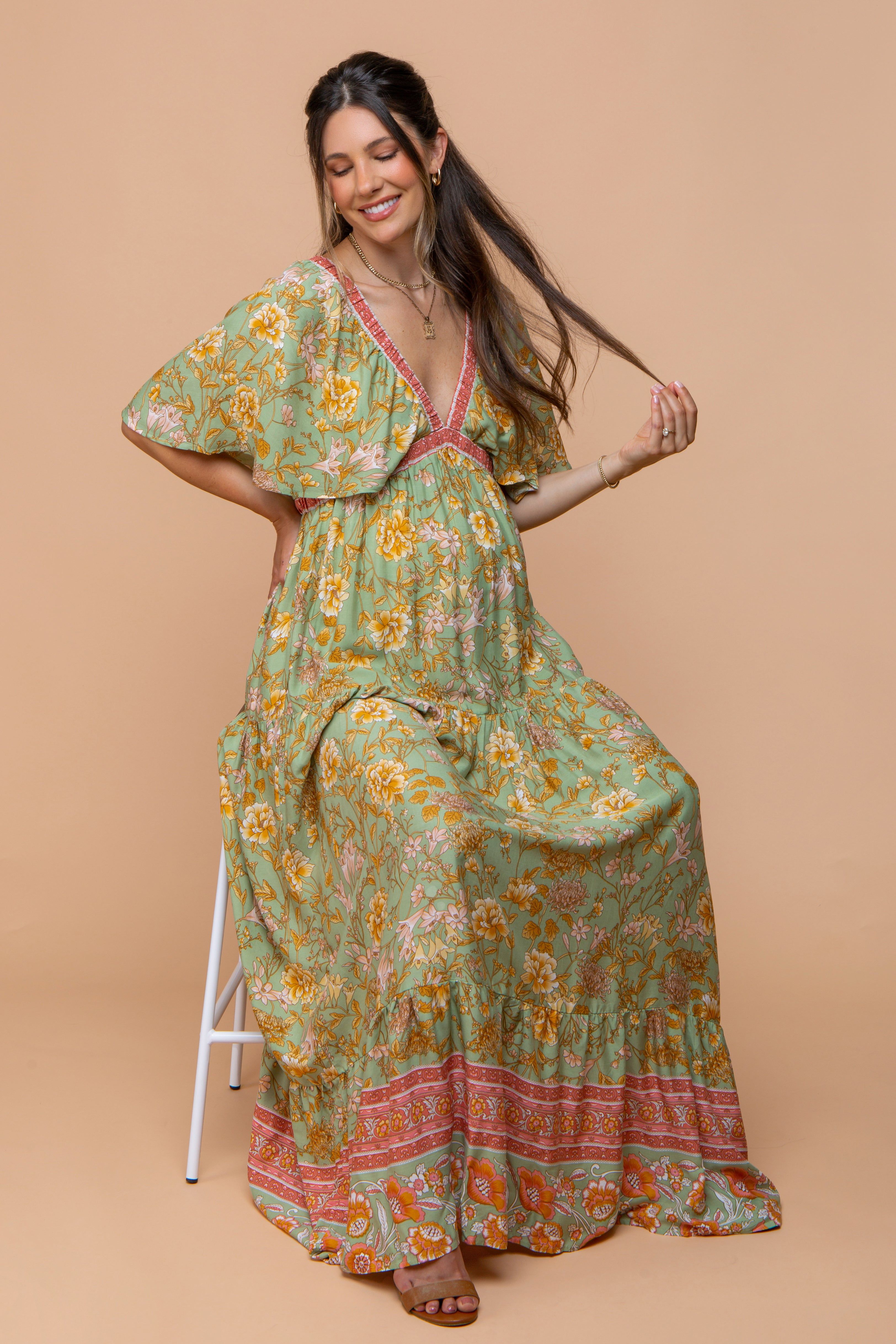 Light Olive Floral V-Neck Maternity Maxi Dress sold by Pinkblush product image thumbnail 6
