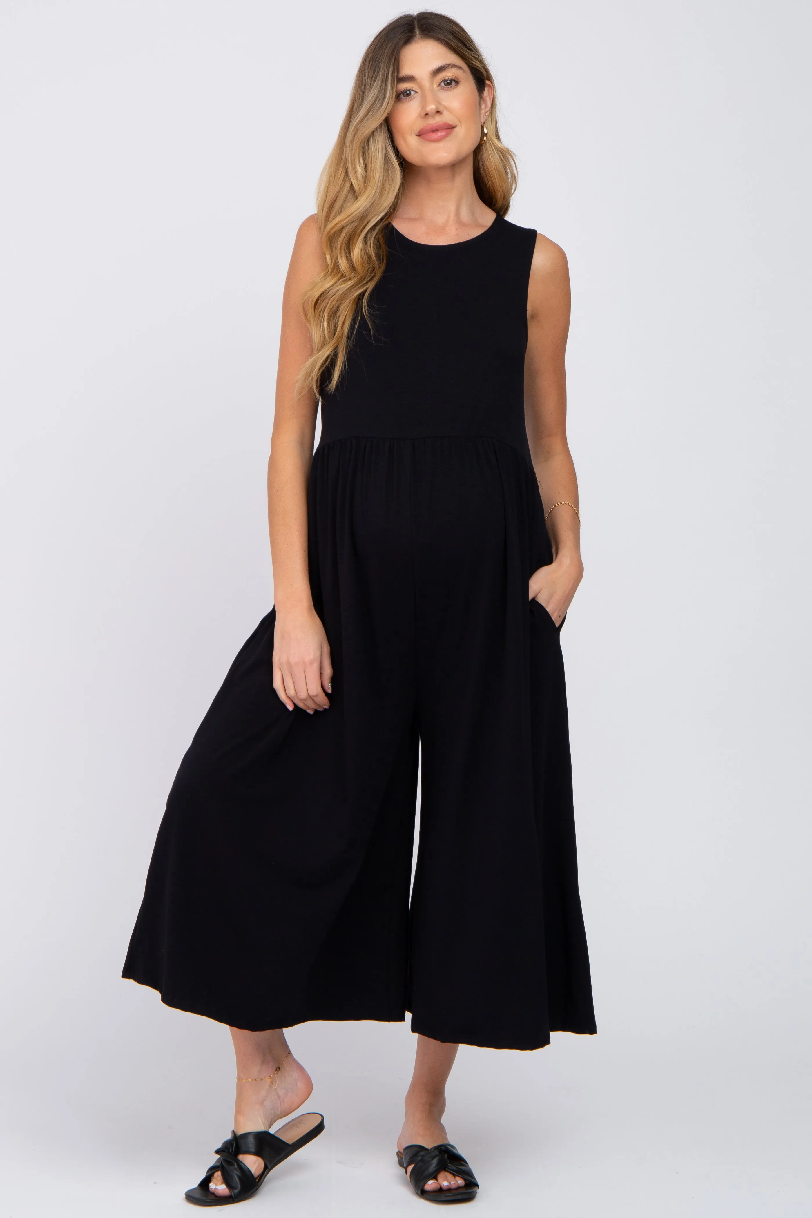 Black Wide Leg Crop Maternity Jumpsuit sold by Pinkblush
