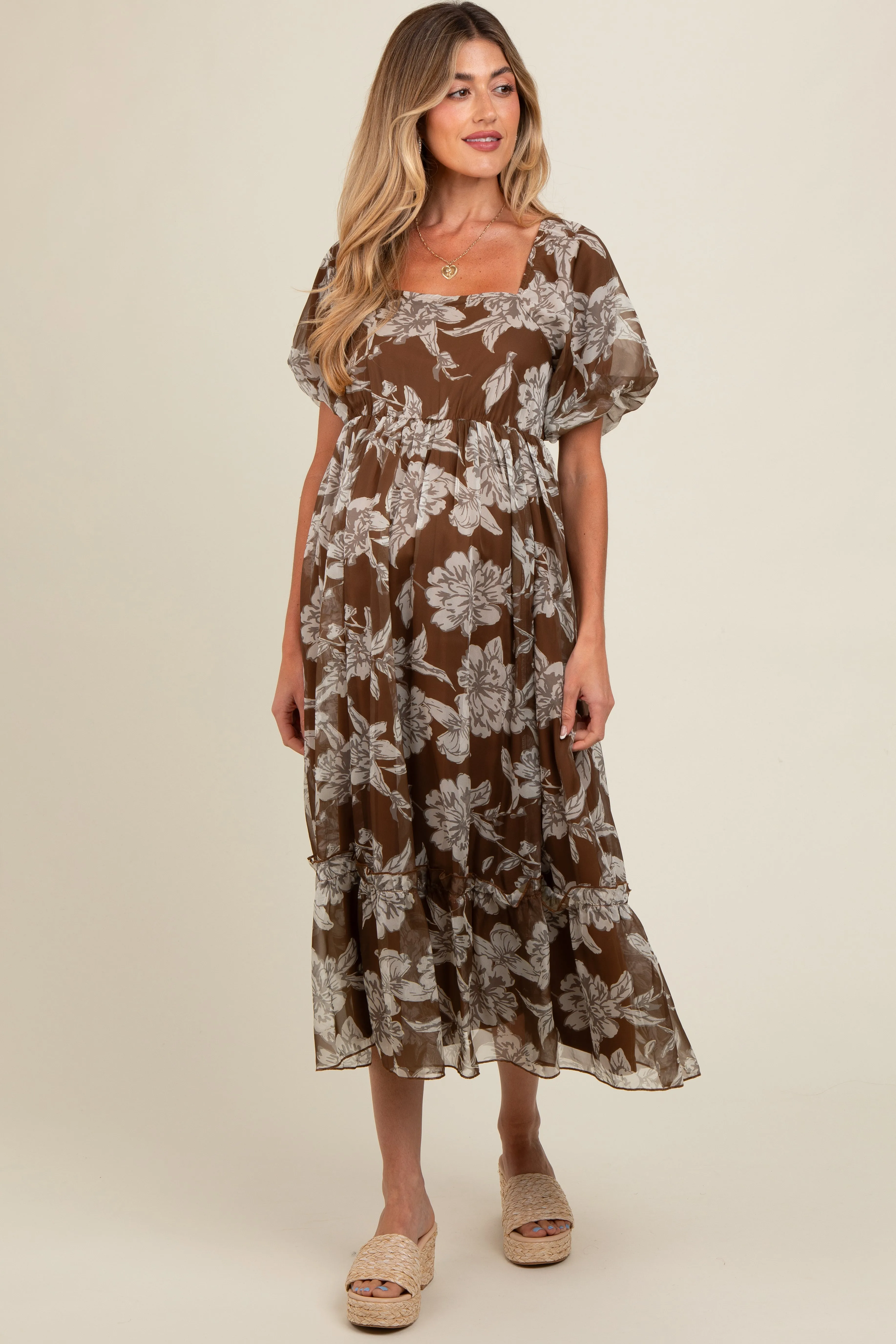 Brown Floral Chiffon Ruffle Hem Maternity Midi Dress sold by Pinkblush product image thumbnail 2