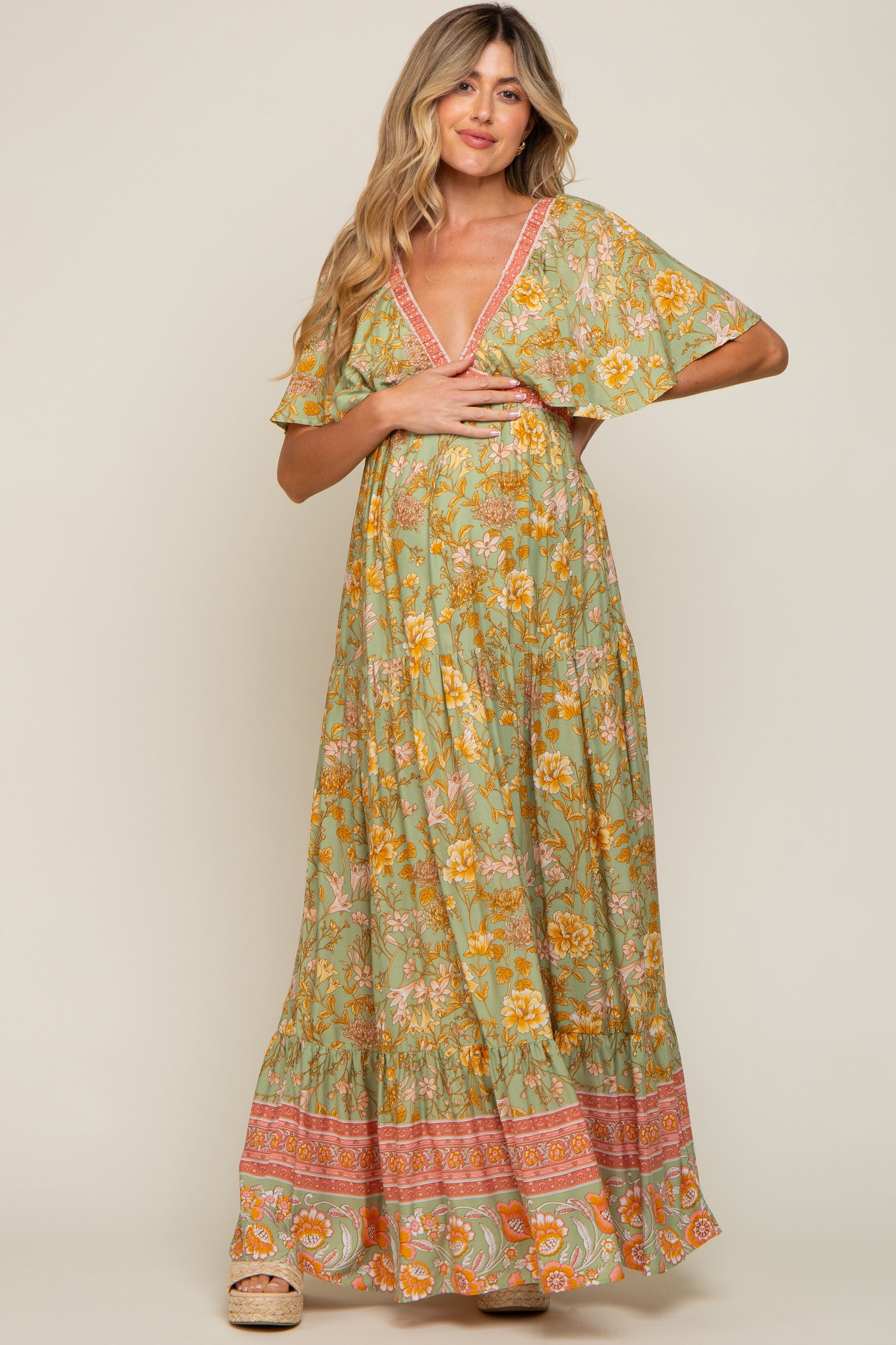 Light Olive Floral V-Neck Maternity Maxi Dress sold by Pinkblush product image thumbnail 4