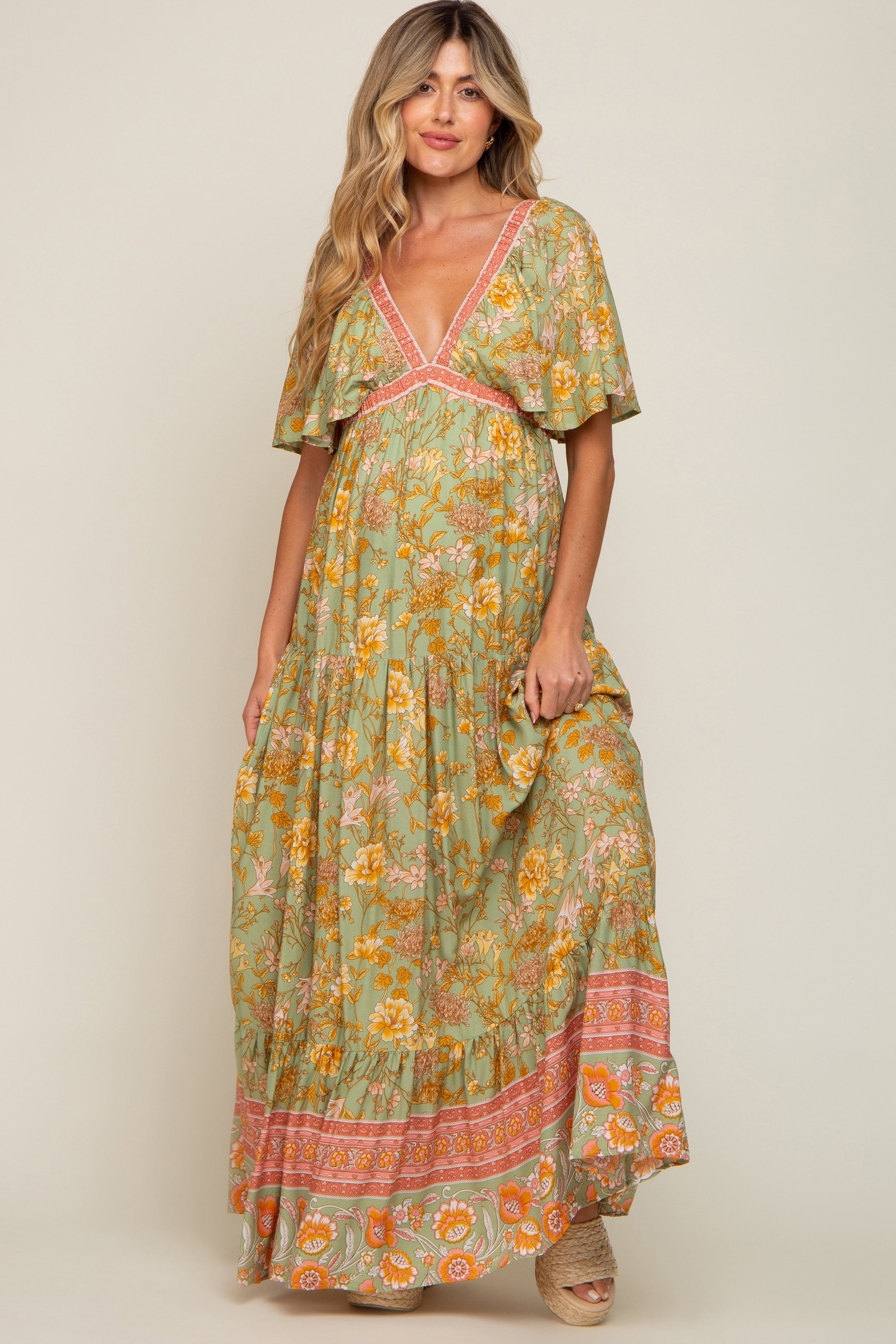 Light Olive Floral V-Neck Maternity Maxi Dress sold by Pinkblush