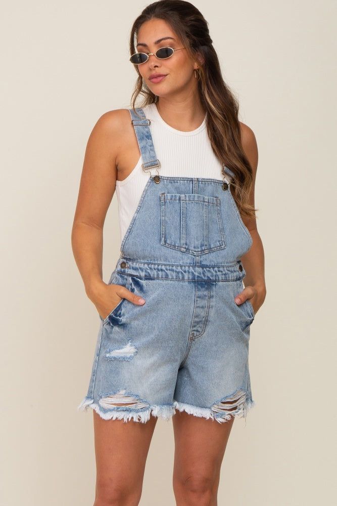 Blue Distressed Maternity Short Overalls sold by Pinkblush