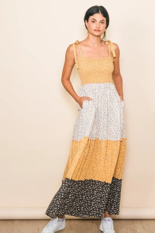 Yellow Multicolor Ditsy Floral Shoulder Tie Maxi Dress sold by Pinkblush