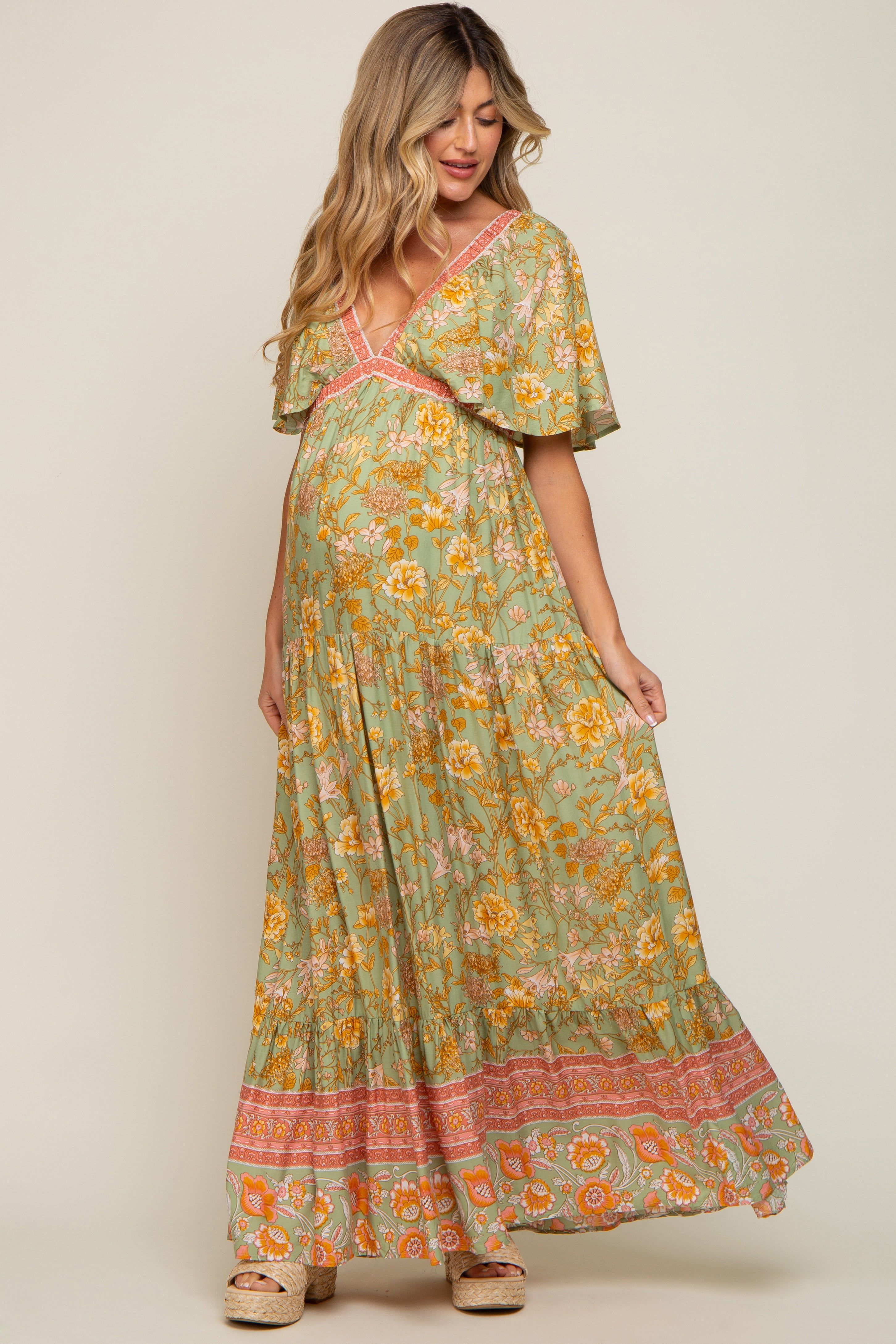 Light Olive Floral V-Neck Maternity Maxi Dress sold by Pinkblush product image thumbnail 5