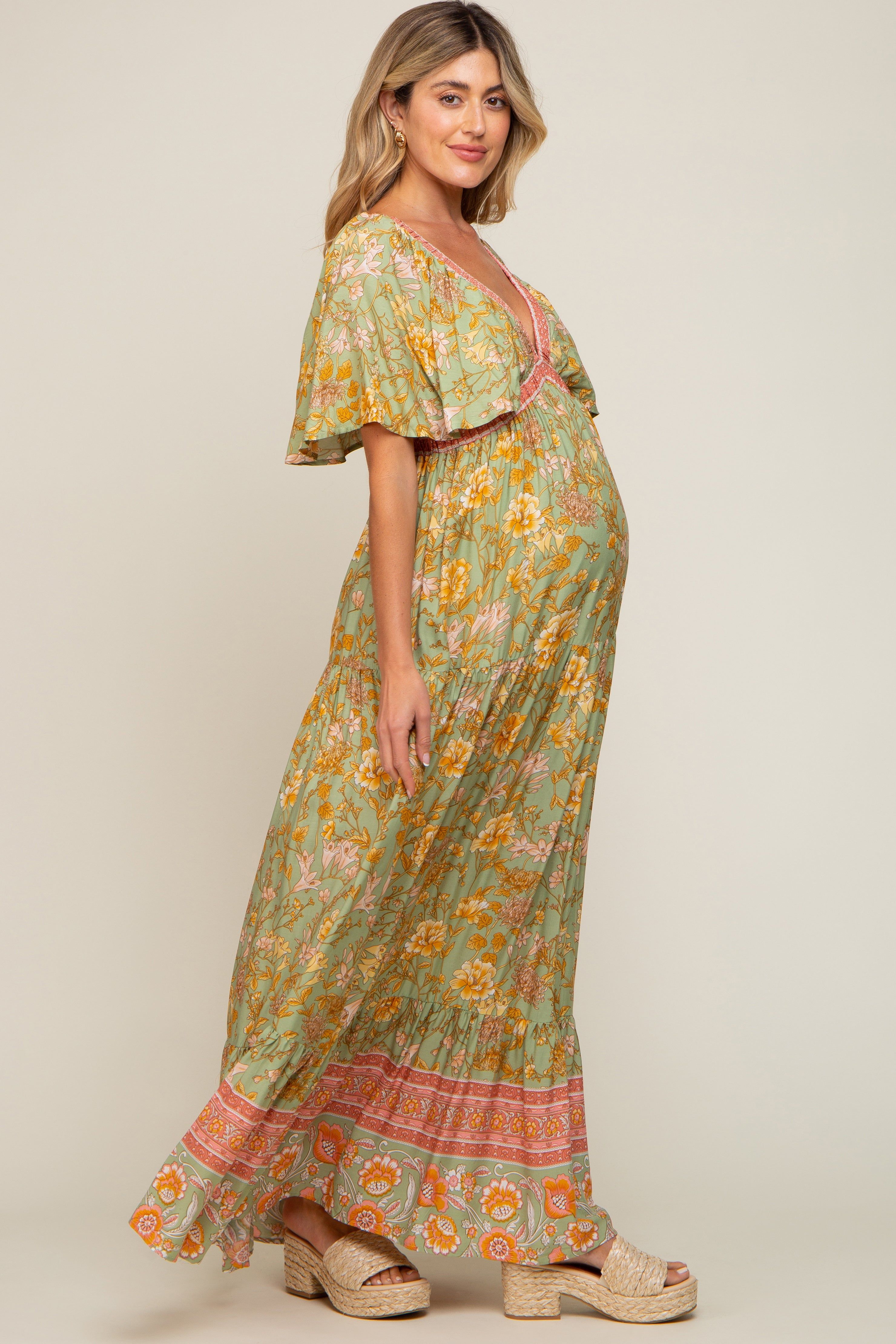 Light Olive Floral V-Neck Maternity Maxi Dress sold by Pinkblush product image thumbnail 2