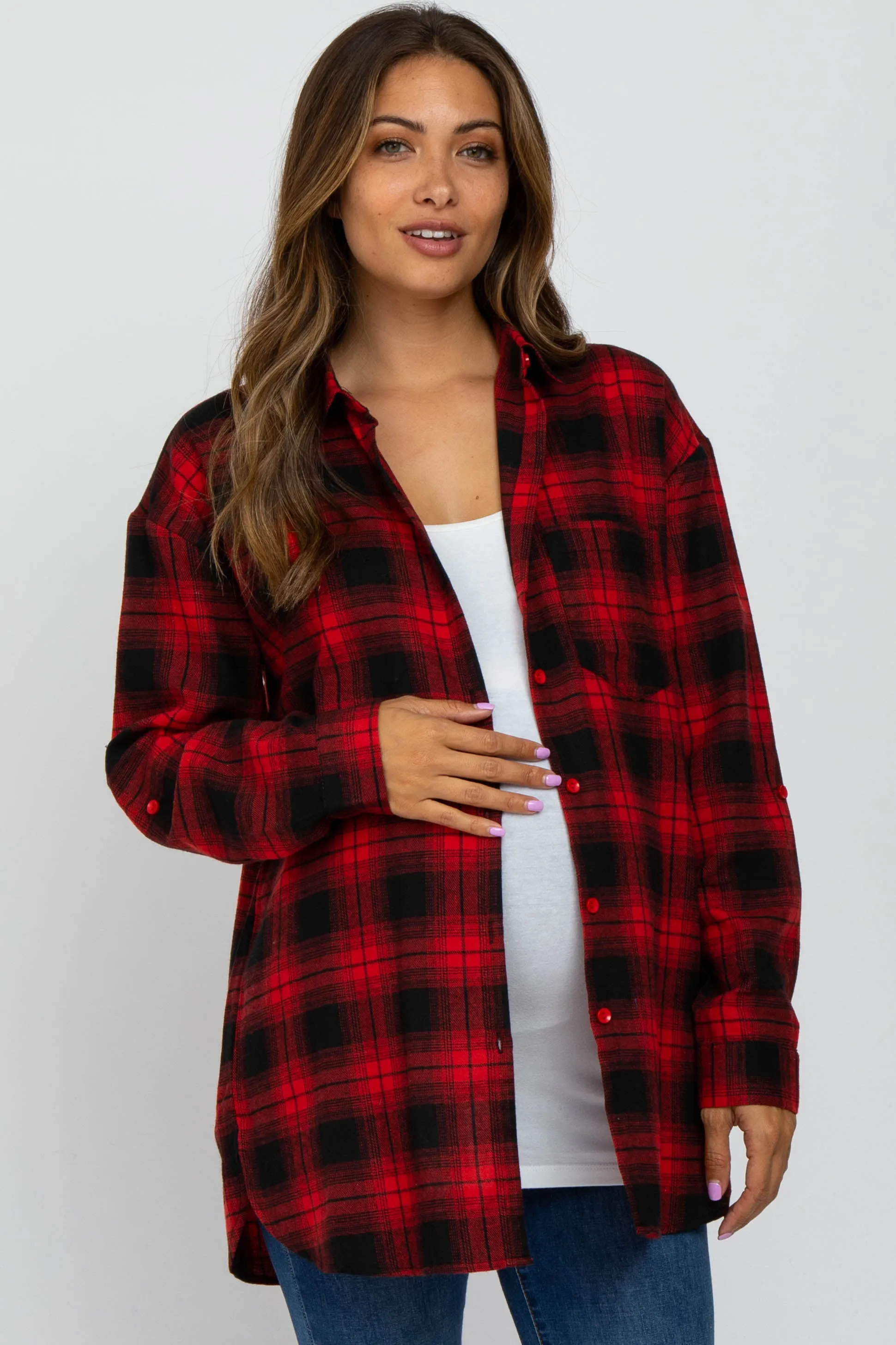 Red Black Plaid Button Down Maternity Top sold by Pinkblush product image thumbnail 2