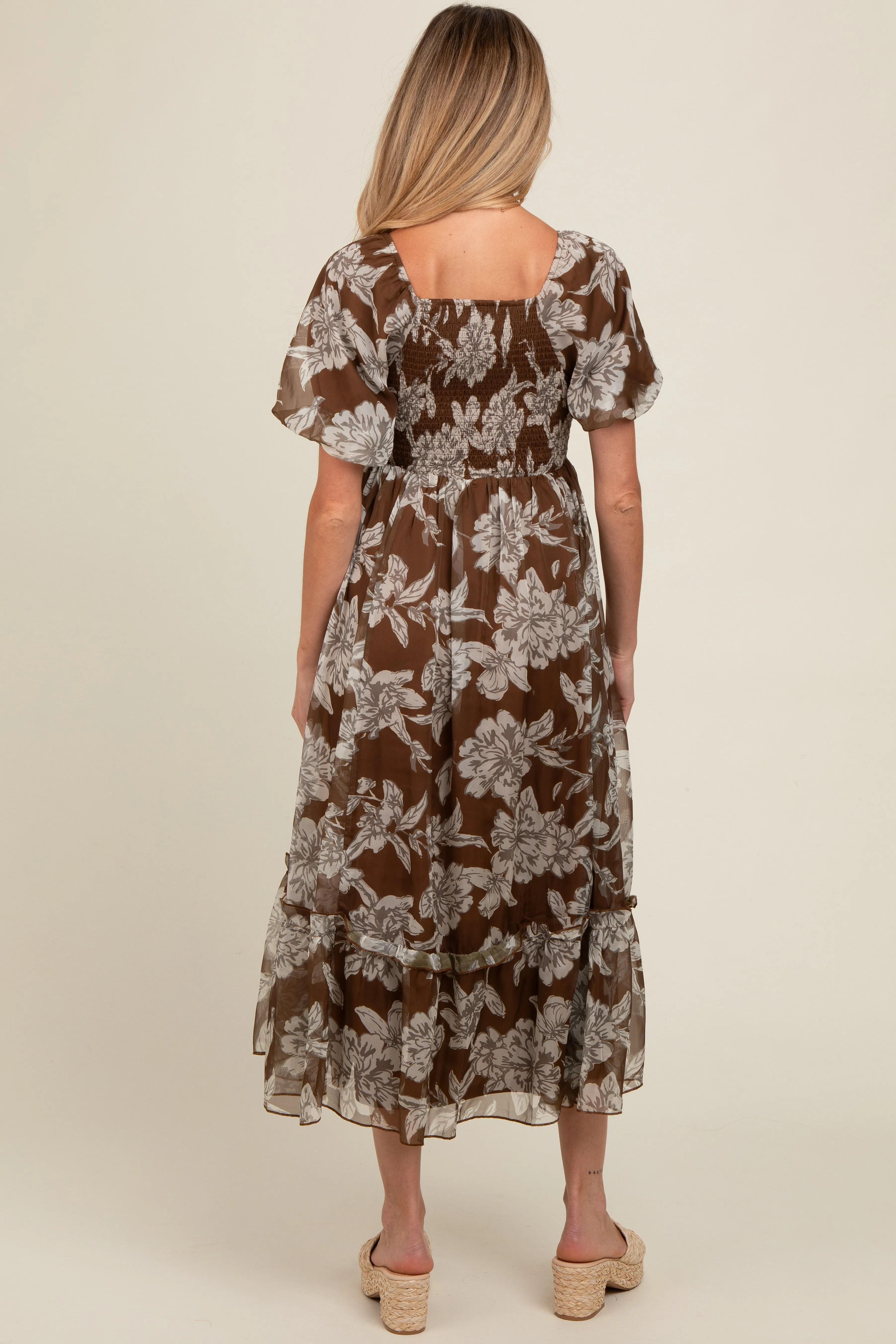 Brown Floral Chiffon Ruffle Hem Maternity Midi Dress sold by Pinkblush product image thumbnail 4