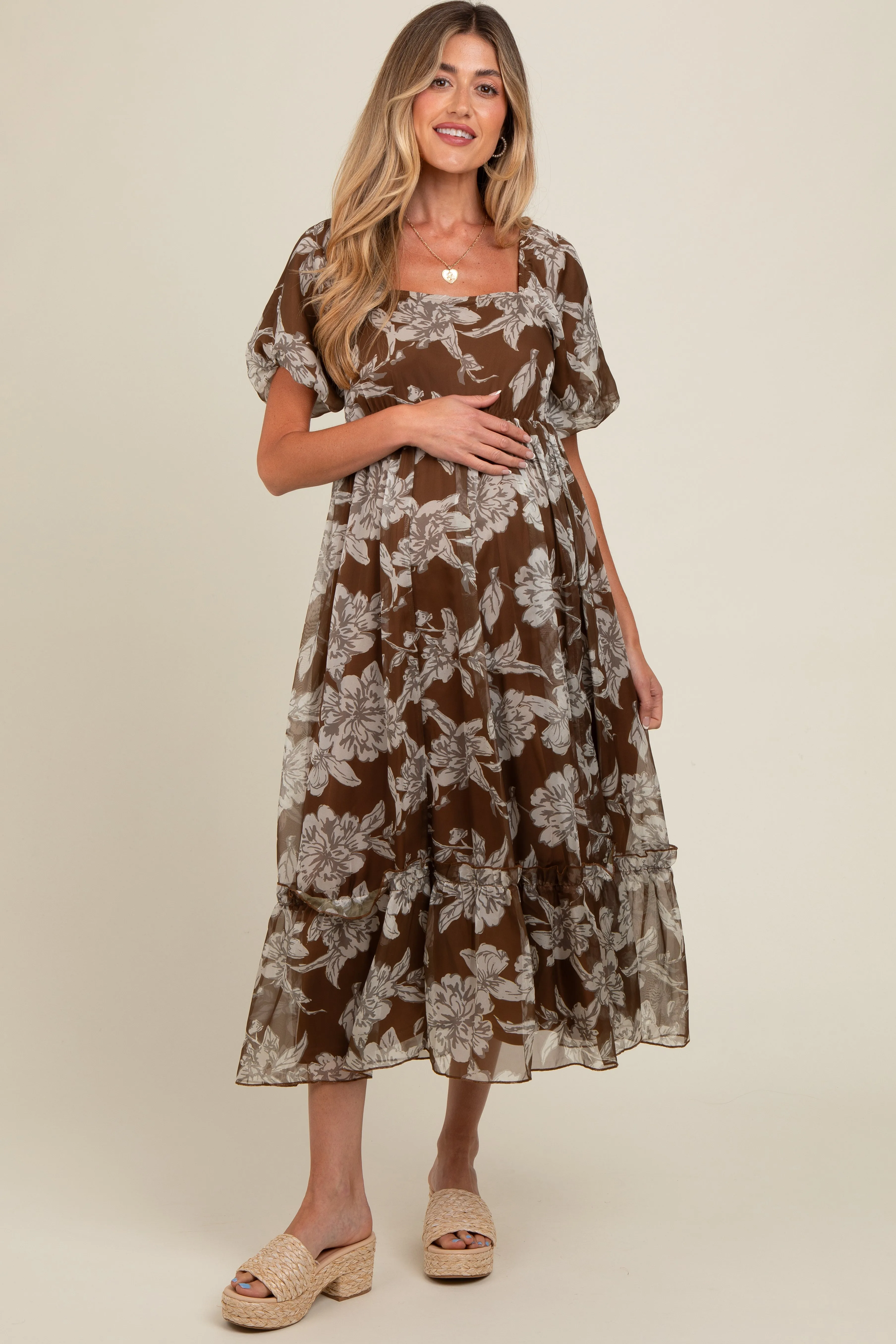 Brown Floral Chiffon Ruffle Hem Maternity Midi Dress sold by Pinkblush