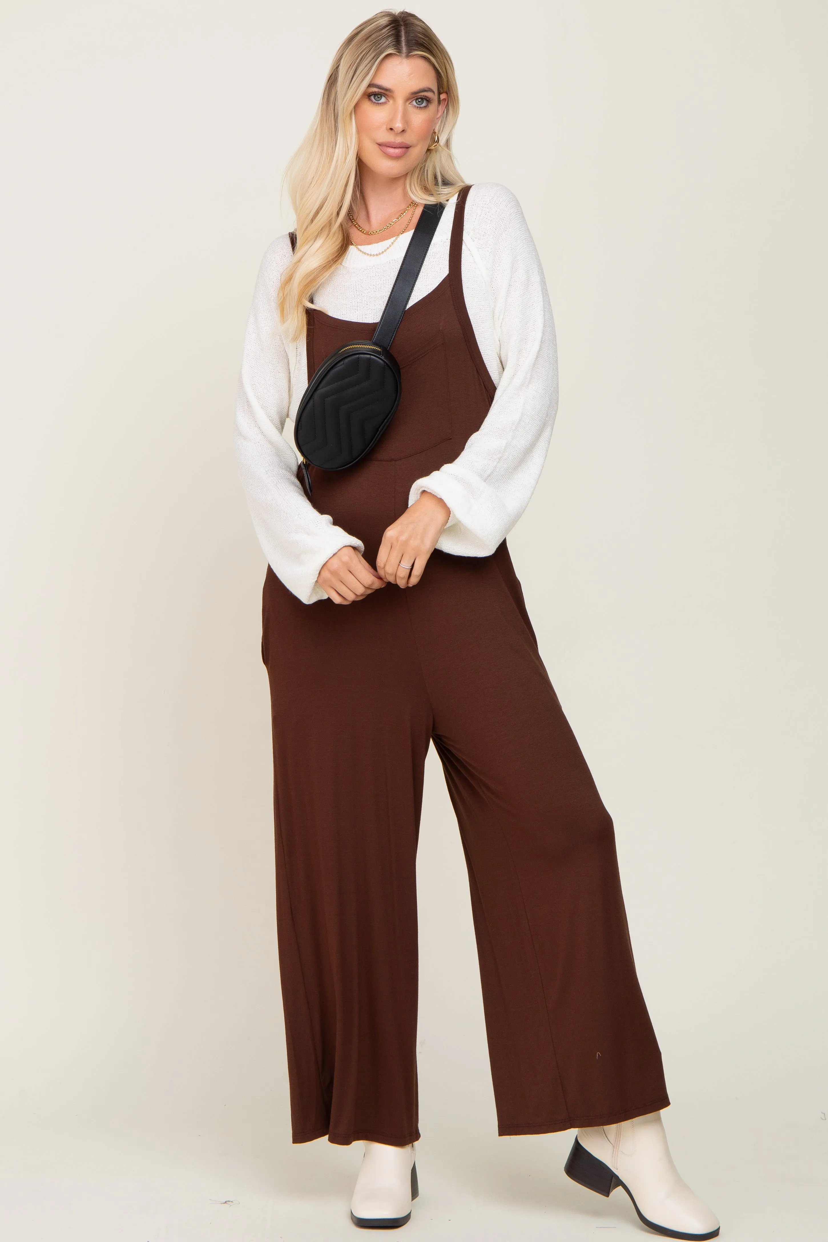 Brown Sleeveless Pocketed Wide Leg Maternity Jumpsuit sold by Pinkblush