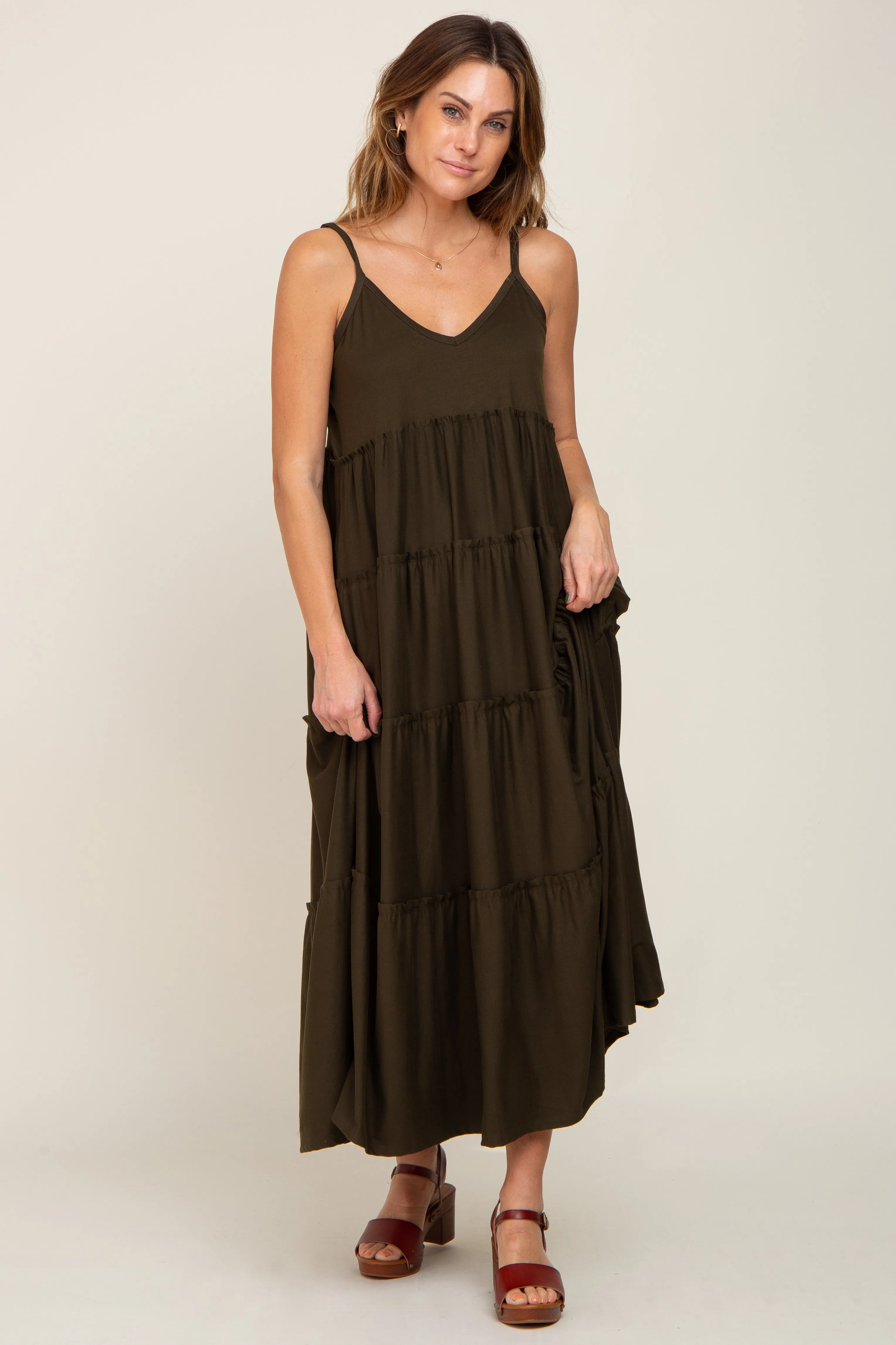 Olive Tiered Sleeveless Maternity Maxi Dress sold by Pinkblush product image thumbnail 5