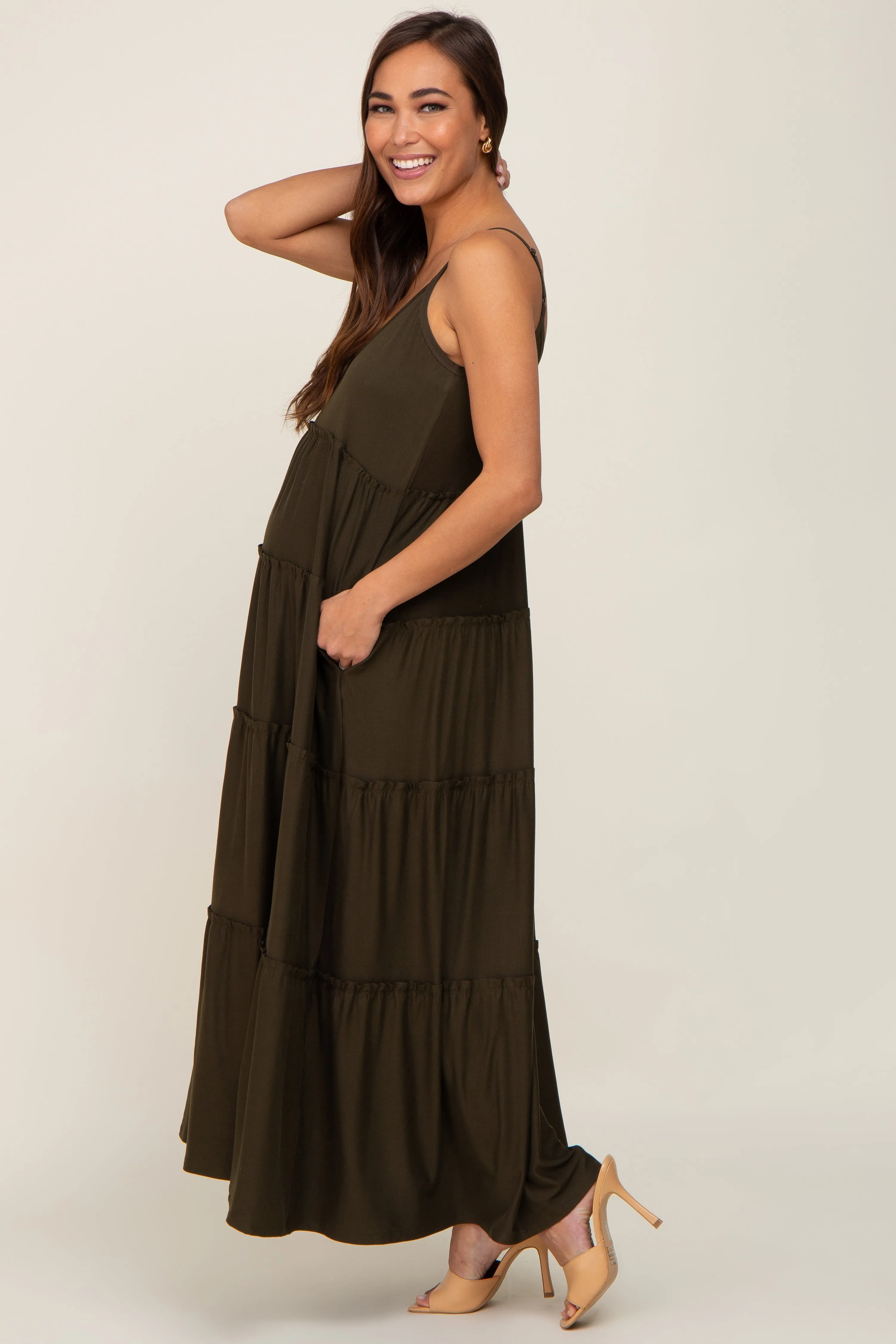 Olive Tiered Sleeveless Maternity Maxi Dress sold by Pinkblush product image thumbnail 2