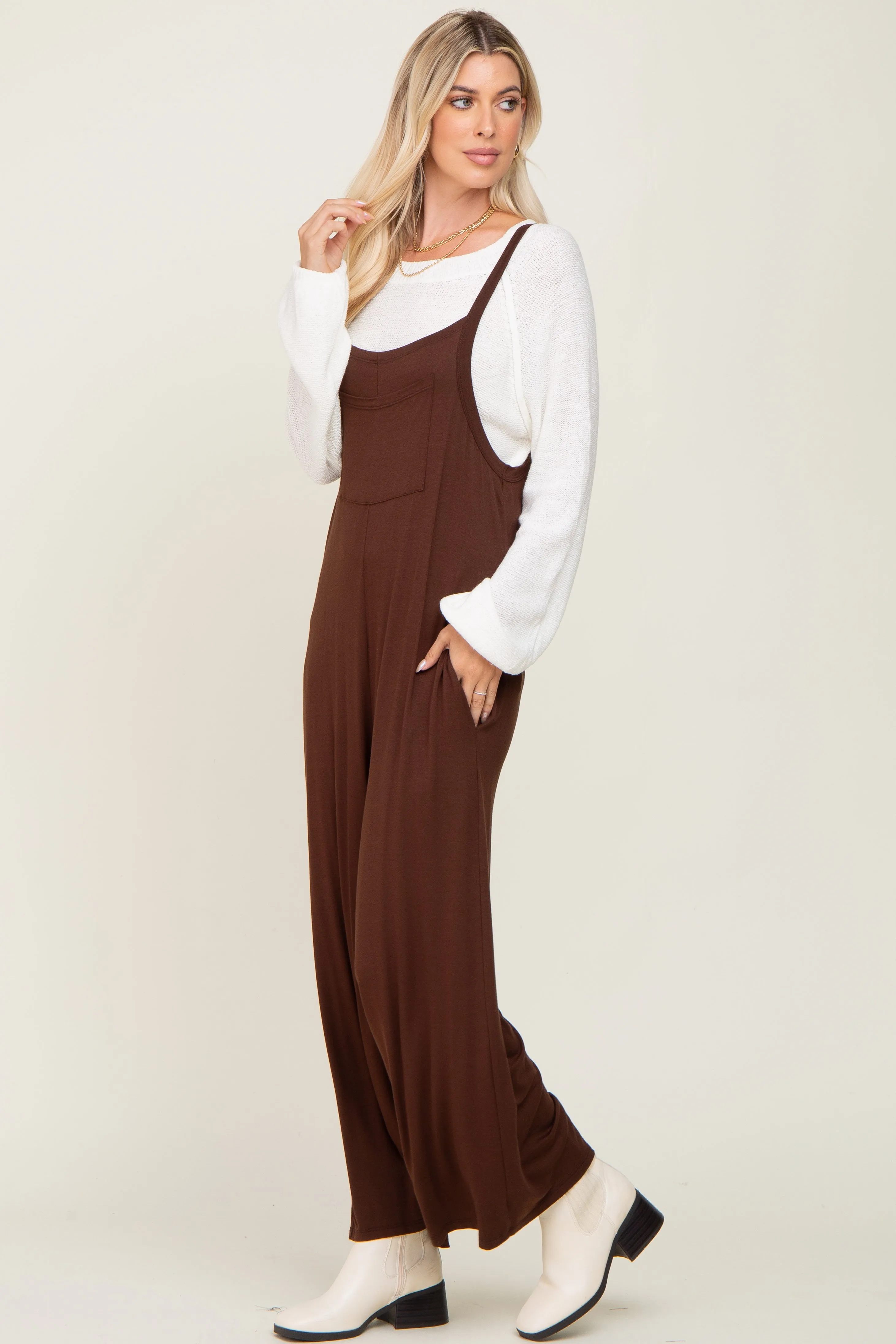 Brown Sleeveless Pocketed Wide Leg Maternity Jumpsuit sold by Pinkblush product image thumbnail 2