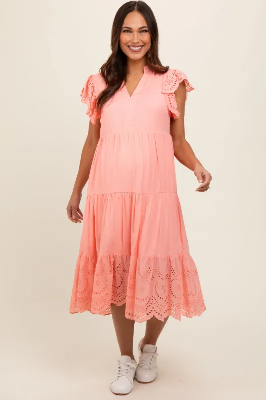 Peach V-Neck Eyelet Detail Ruffle Shoulder Tiered Maternity Midi Dress sold by Pinkblush