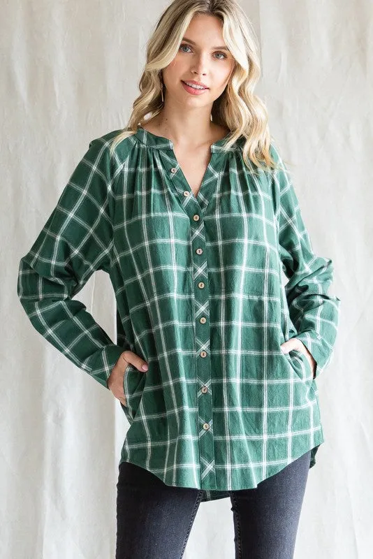 Green Plaid Button Down Long Sleeve Top sold by Pinkblush