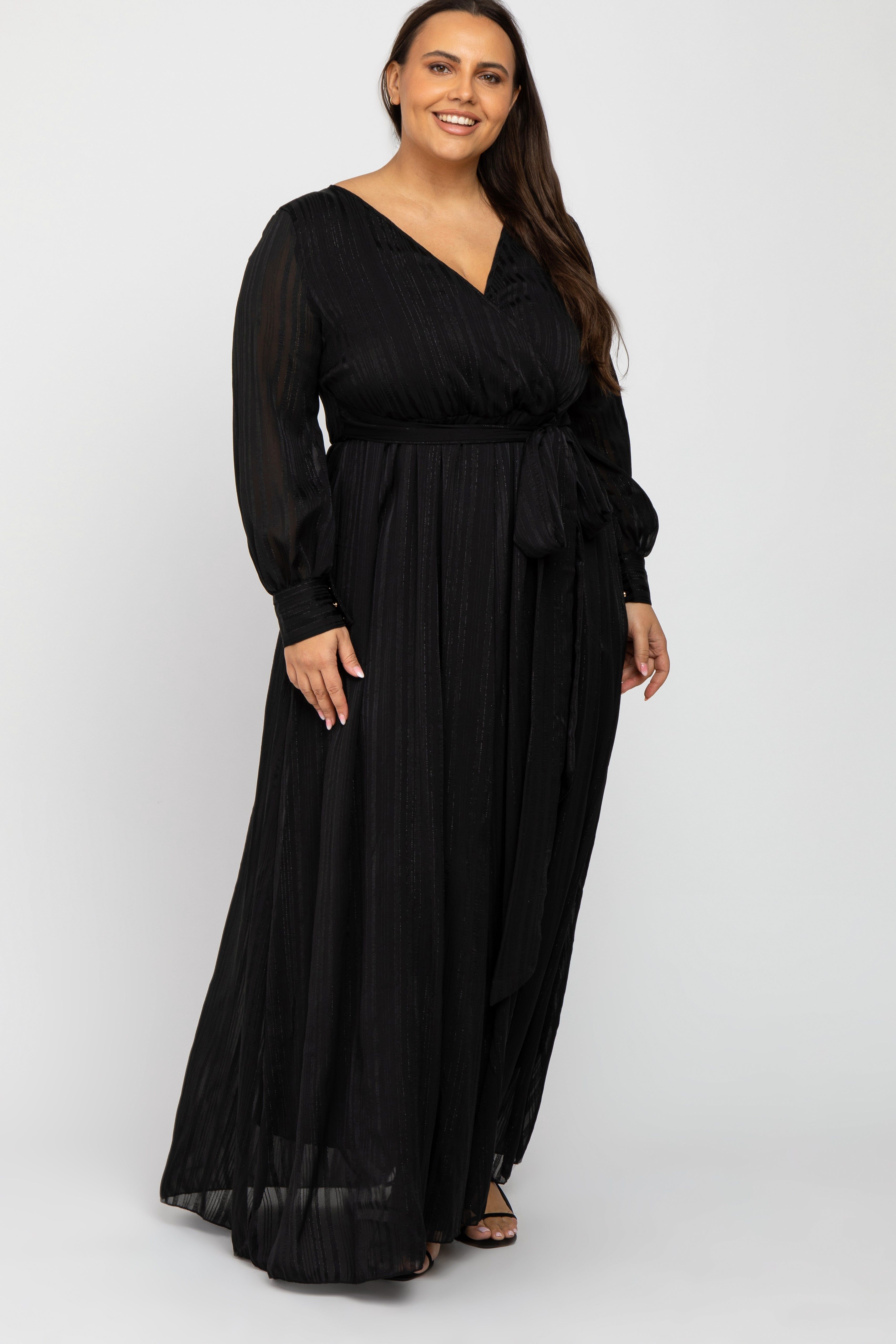 Black Metallic Striped Chiffon Plus Maxi Dress sold by Pinkblush