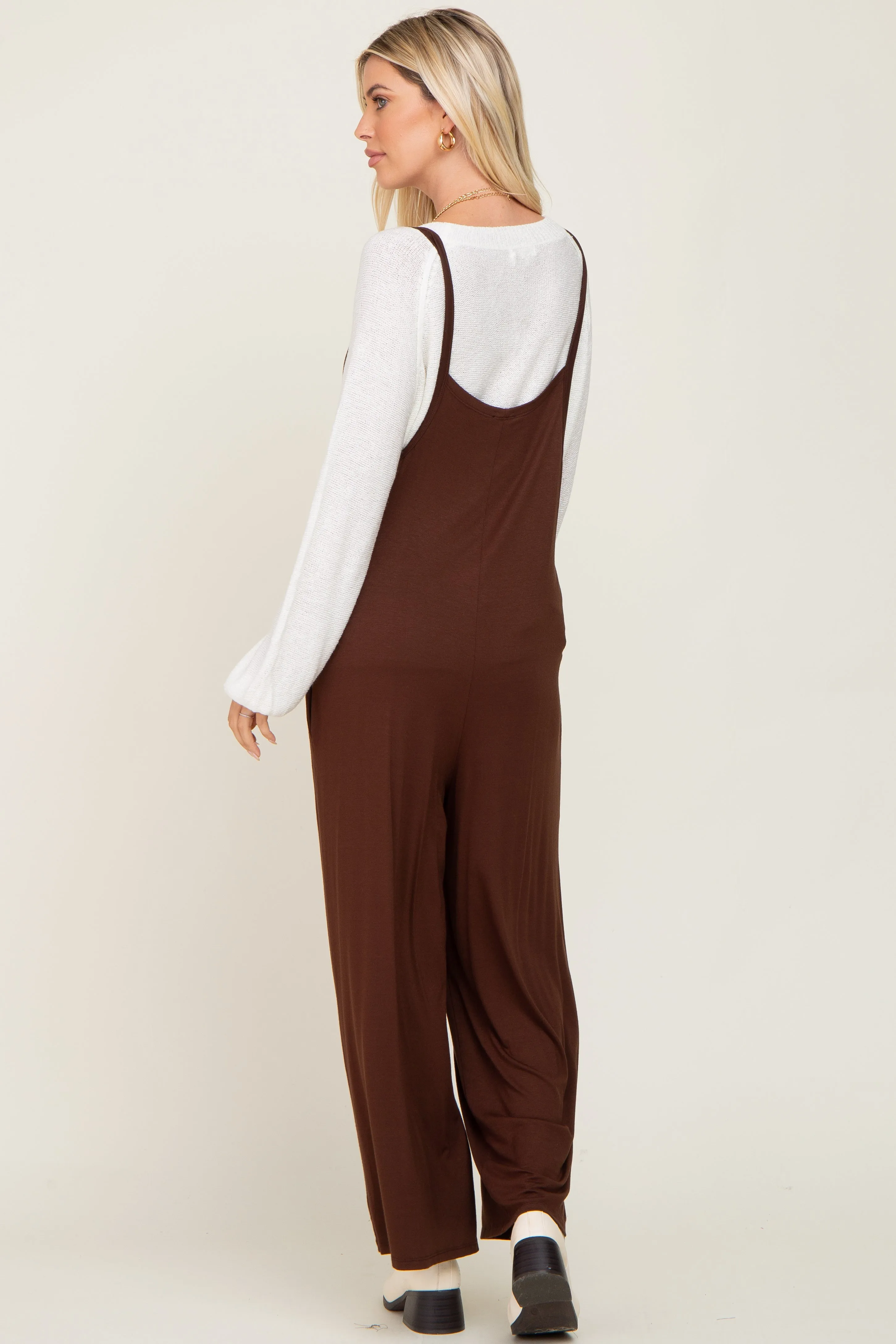 Brown Sleeveless Pocketed Wide Leg Maternity Jumpsuit sold by Pinkblush product image thumbnail 3