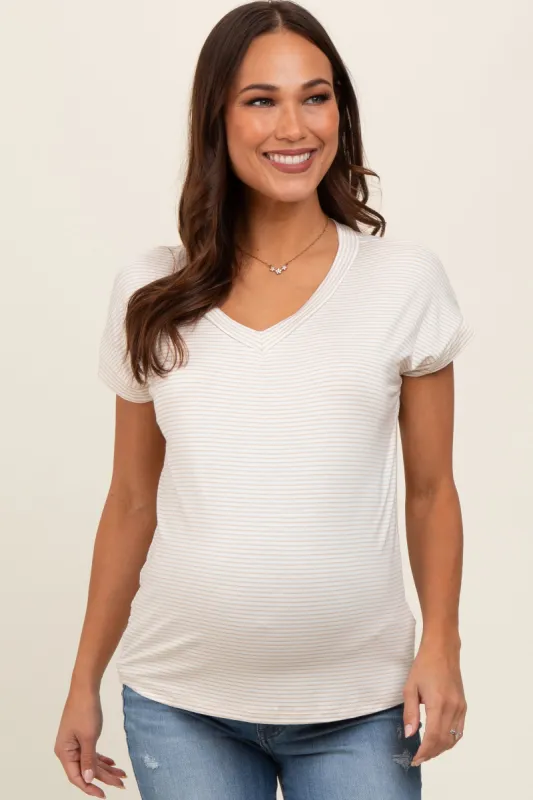 Ivory Striped V-Neck Maternity Short Sleeve Top sold by Pinkblush