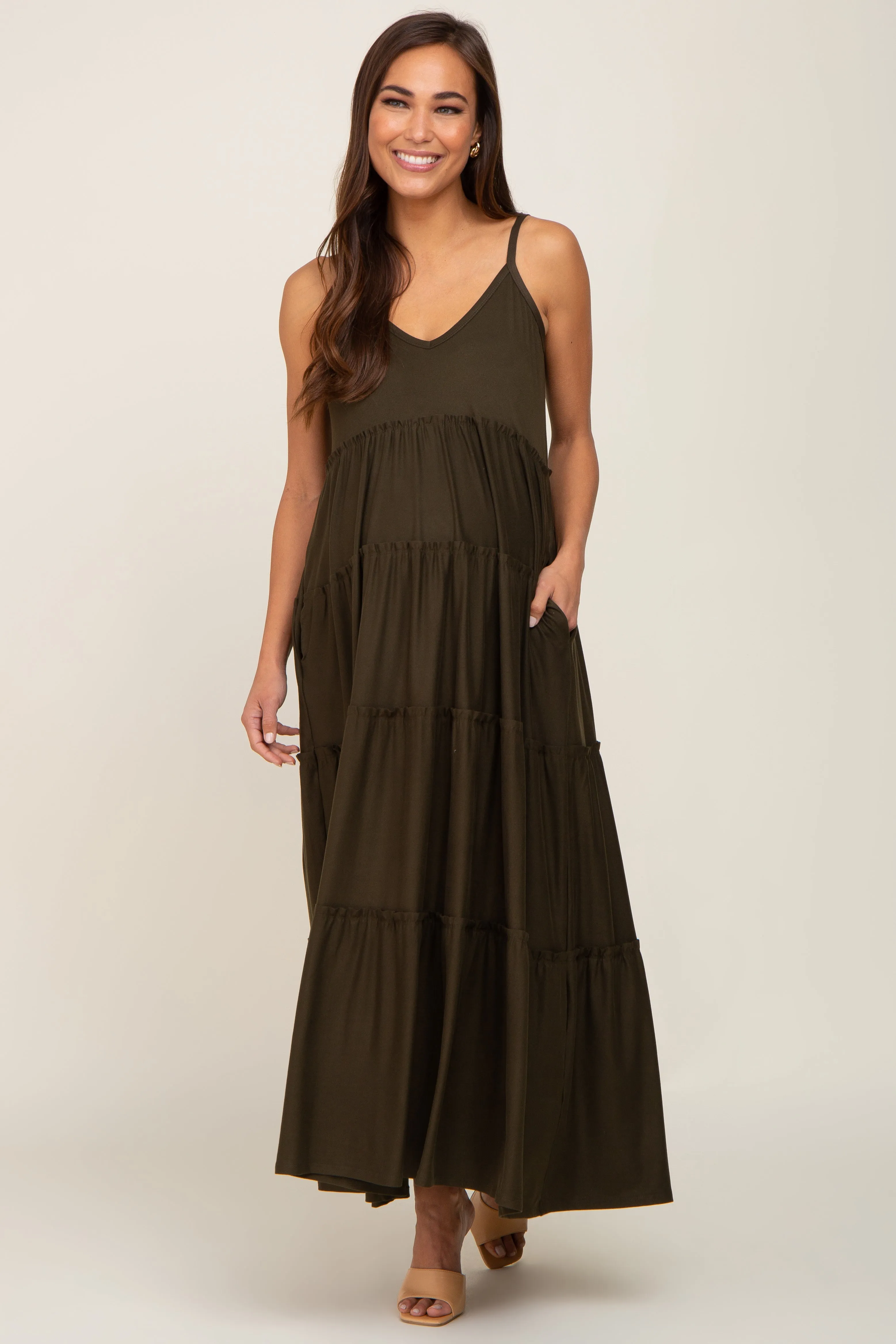Olive Tiered Sleeveless Maternity Maxi Dress sold by Pinkblush product image thumbnail 4