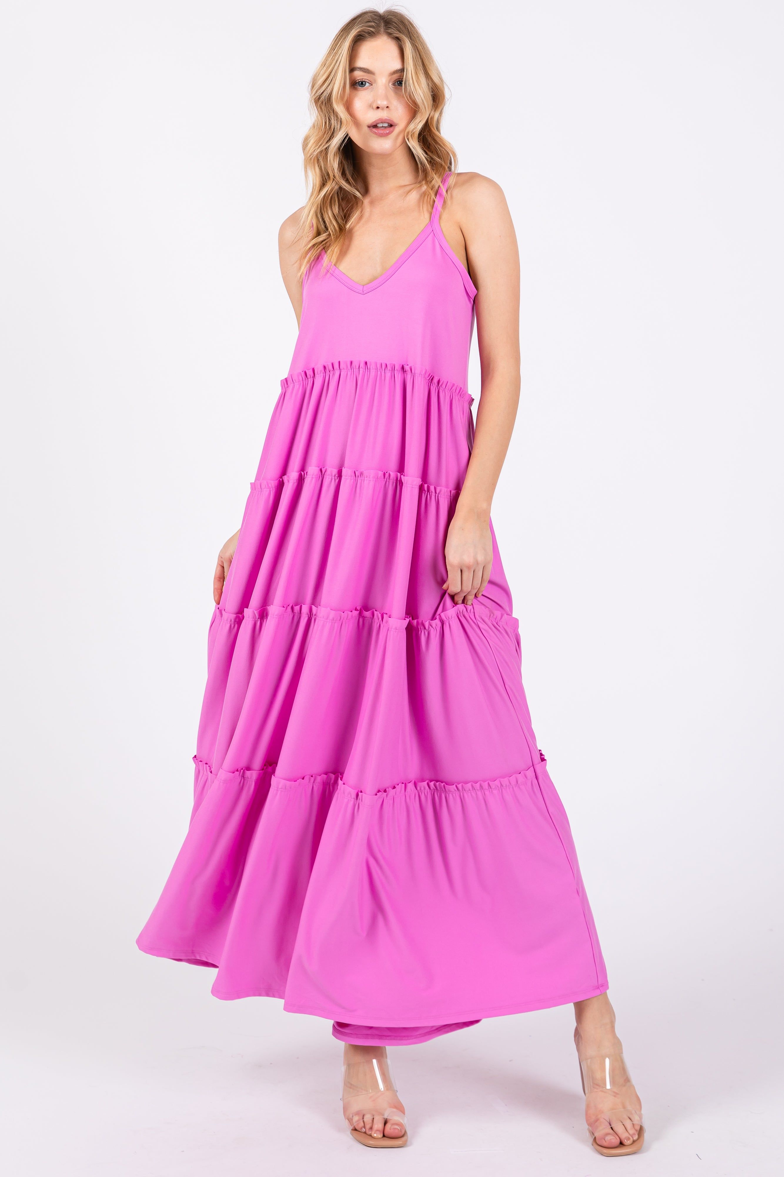 Pink Tiered Sleeveless Maxi Dress sold by Pinkblush