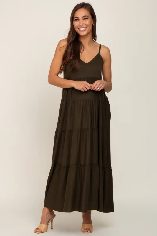 Olive Tiered Sleeveless Maternity Maxi Dress sold by Pinkblush