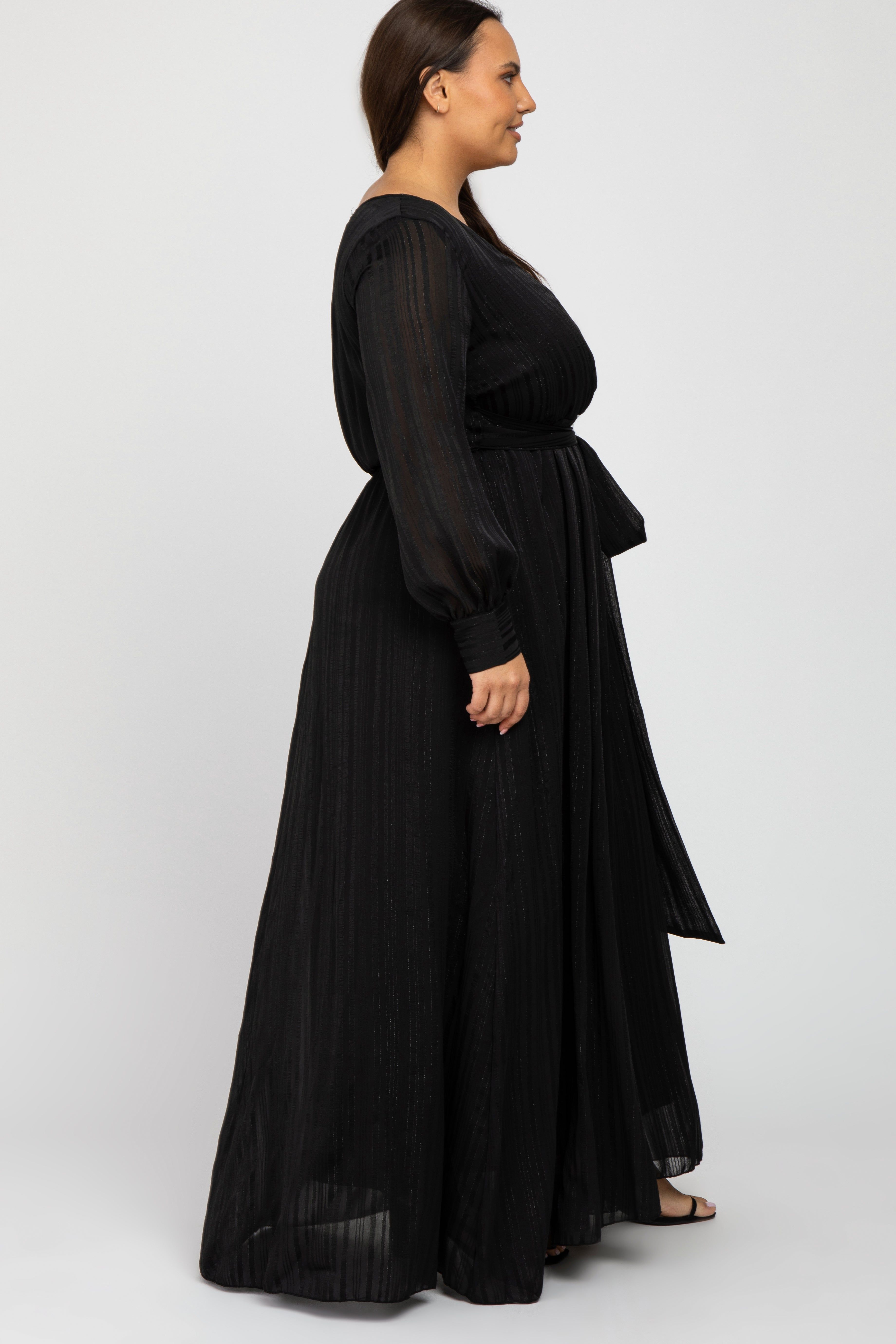 Black Metallic Striped Chiffon Plus Maxi Dress sold by Pinkblush product image thumbnail 2