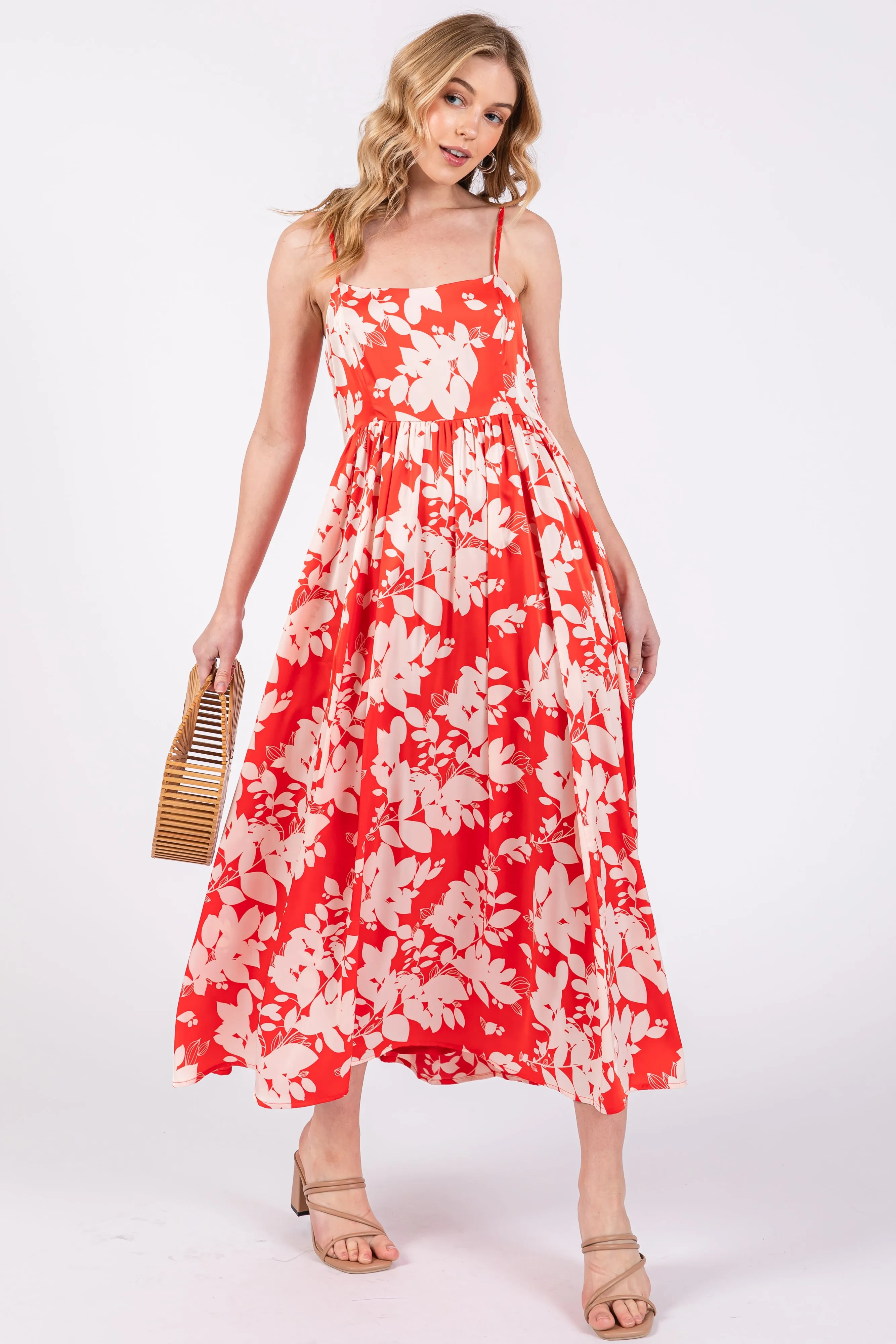 Red Leaf Print Satin Square Neck Midi Dress sold by Pinkblush product image thumbnail 3