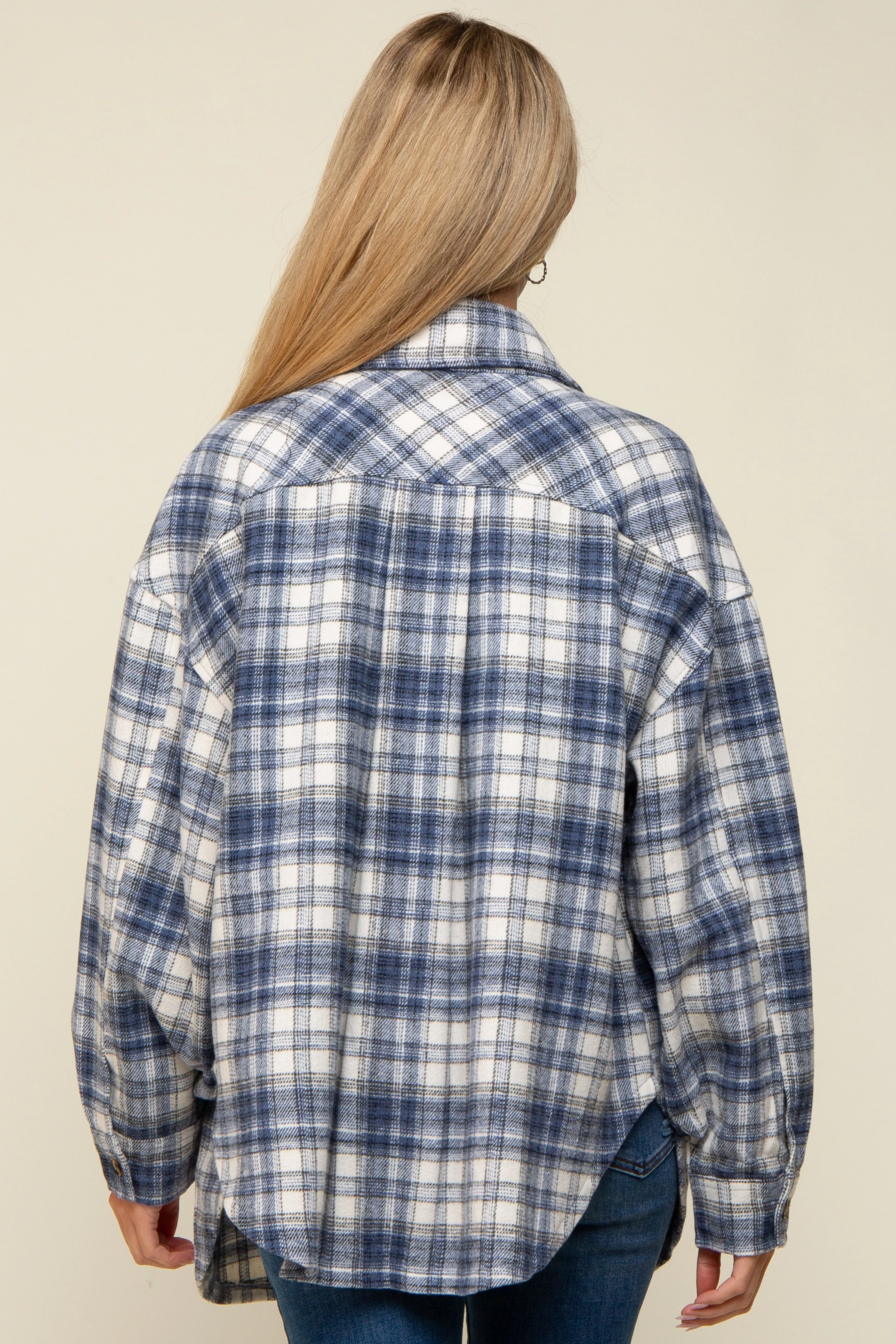 Navy Blue Flannel Plaid Button Up Maternity Shacket sold by Pinkblush product image thumbnail 3