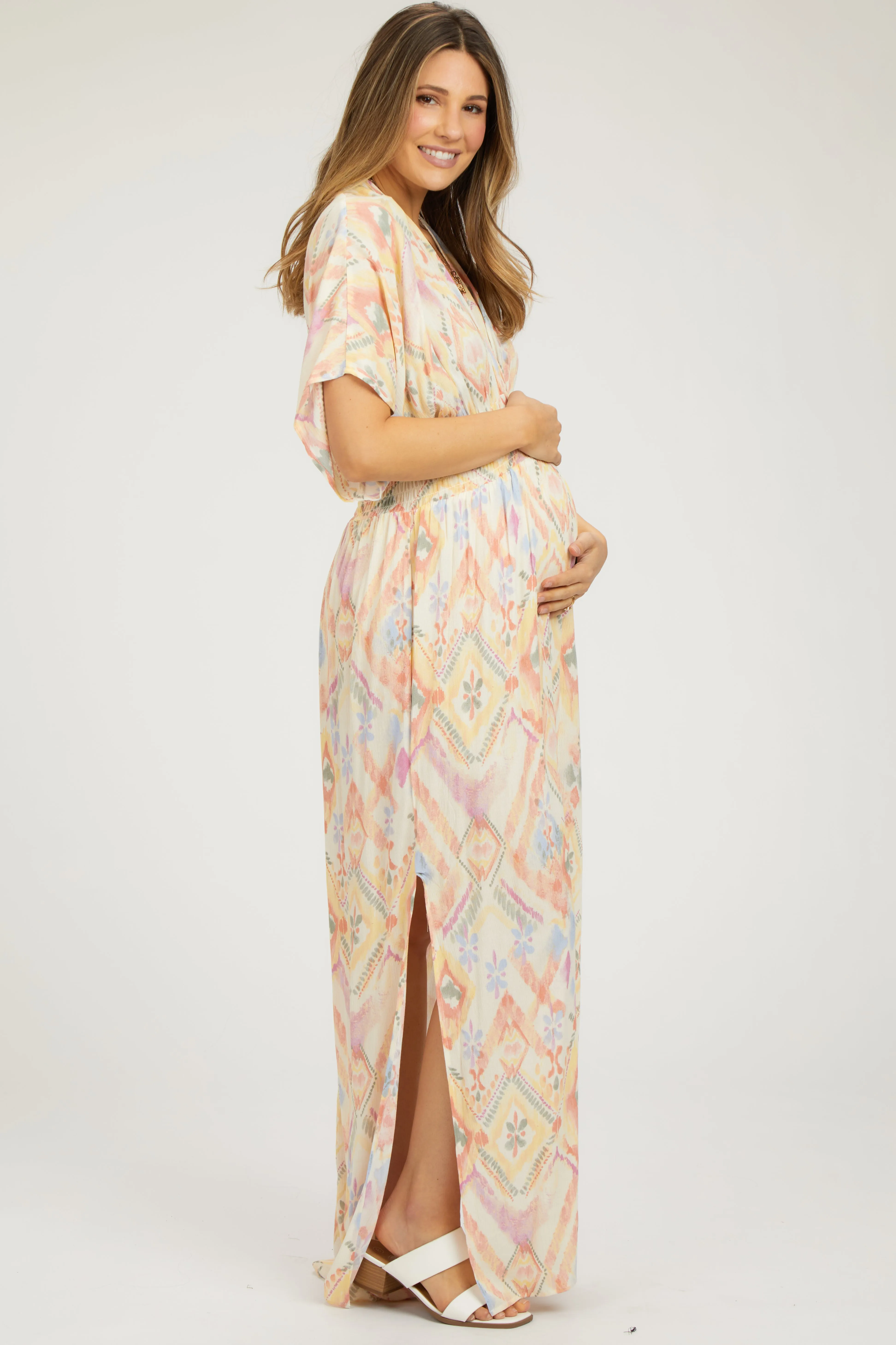 Ivory Printed Deep V-Neck Maternity Maxi Dress sold by Pinkblush product image thumbnail 2